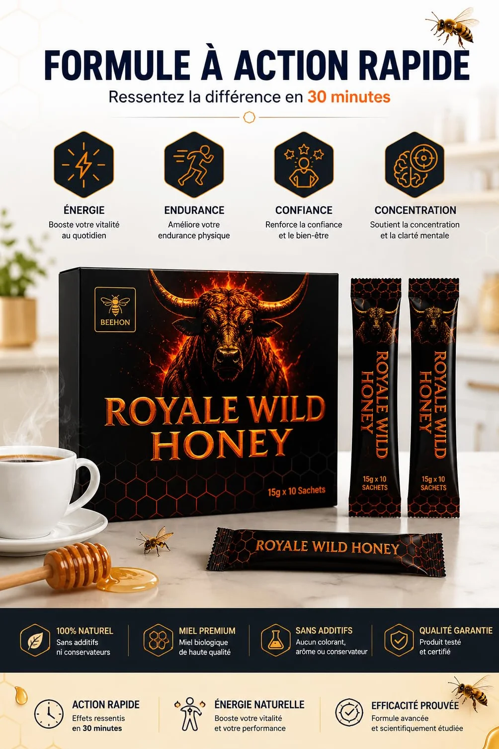 Beehon Miel en Sticks 100% Naturel – 10 Sachets Individuels x 15g – Ginseng, Gingembre Noir, Maca x 15g – Produit Alimentaire à Base de Miel et Extraits Végétaux