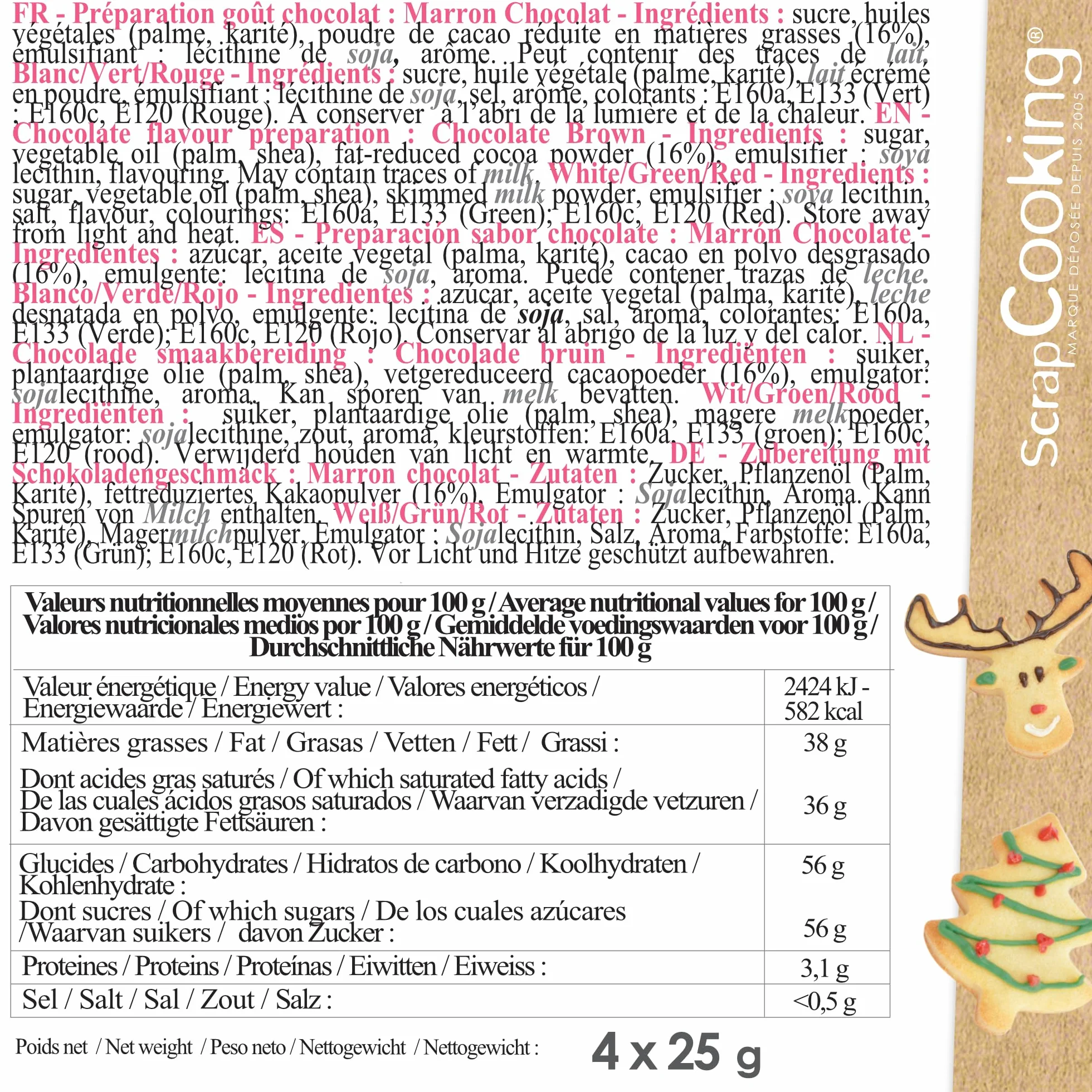 ScrapCooking - 4 Stylos Choco Noël - Marron, Blanc, Vert & Rouge - Crayons Alimentaires Pâtisserie - Colorants Décoratifs Comestibles - Écrire & Dessiner sur Desserts, Gâteaux & Biscuits - 7060
