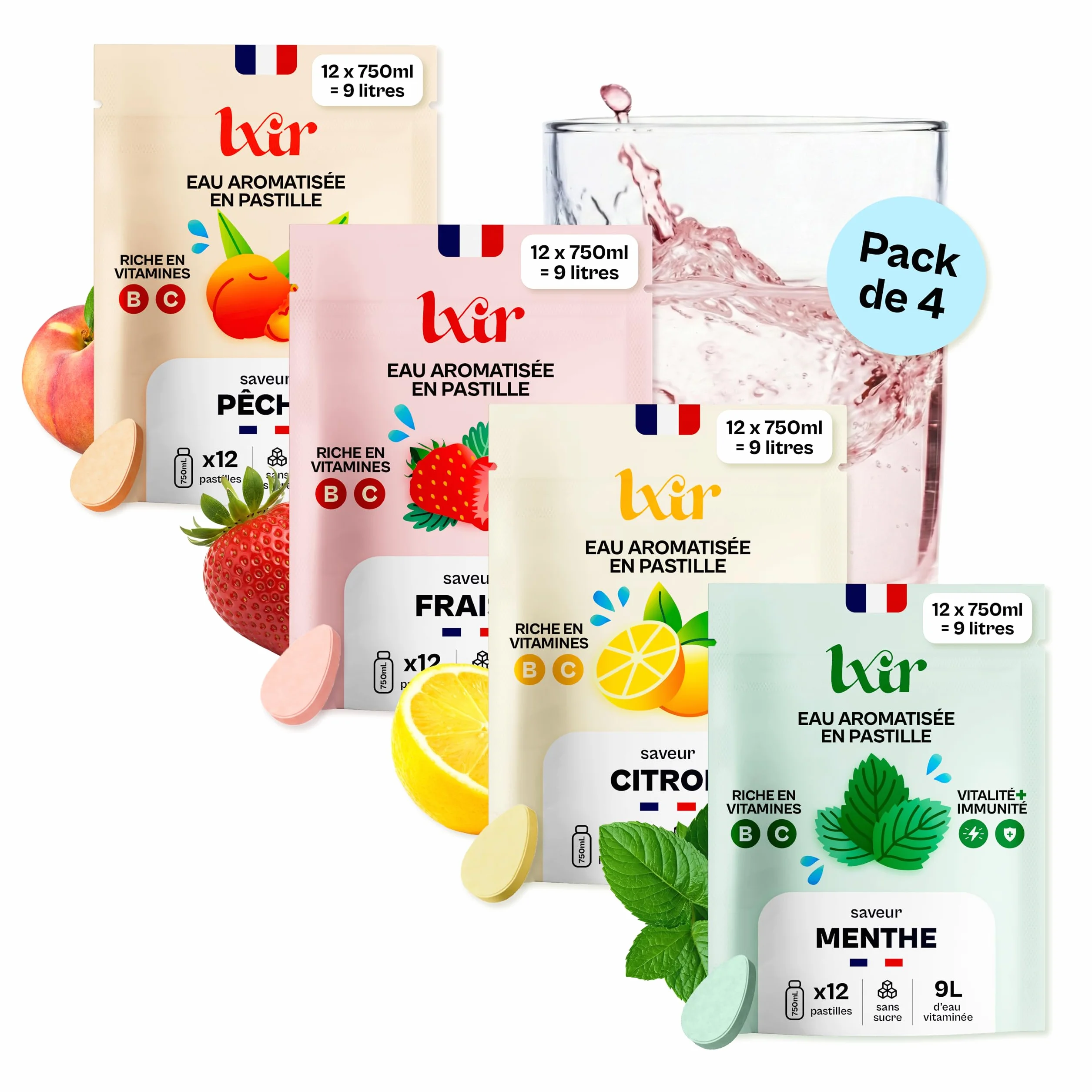 LXIR DRINK - Eau aromatisée en pastille sans sucre - Boisson multivitamines - Vitamines C et B - Hydratation quotidienne - Beauté de la peau - Vitalité - 48 pastilles - Citron/Pêche/Menthe/Fraise