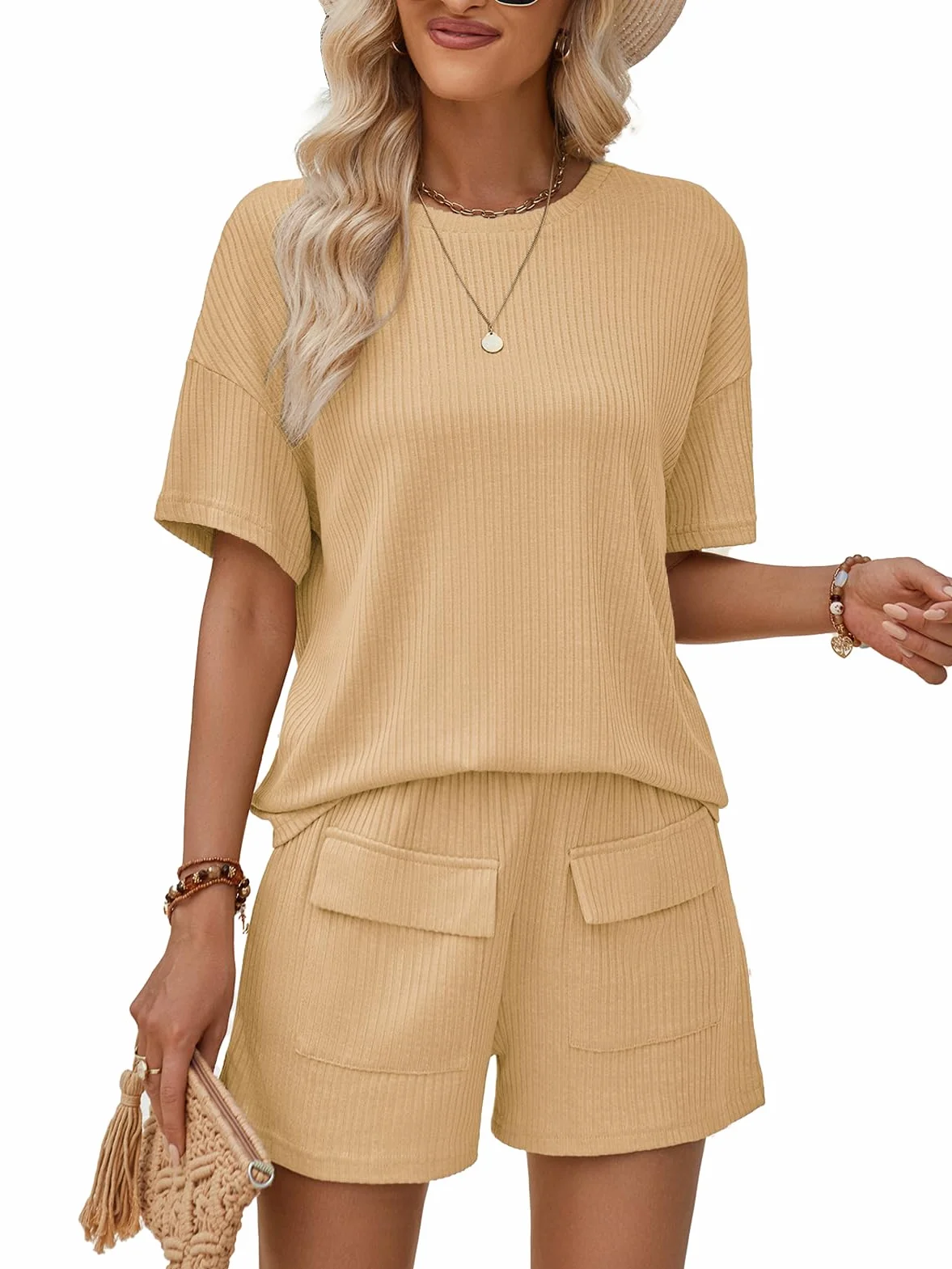 Rayson Ensemble Femme 2 pièces Pantalon Courte Haut Col Rond Survêtement