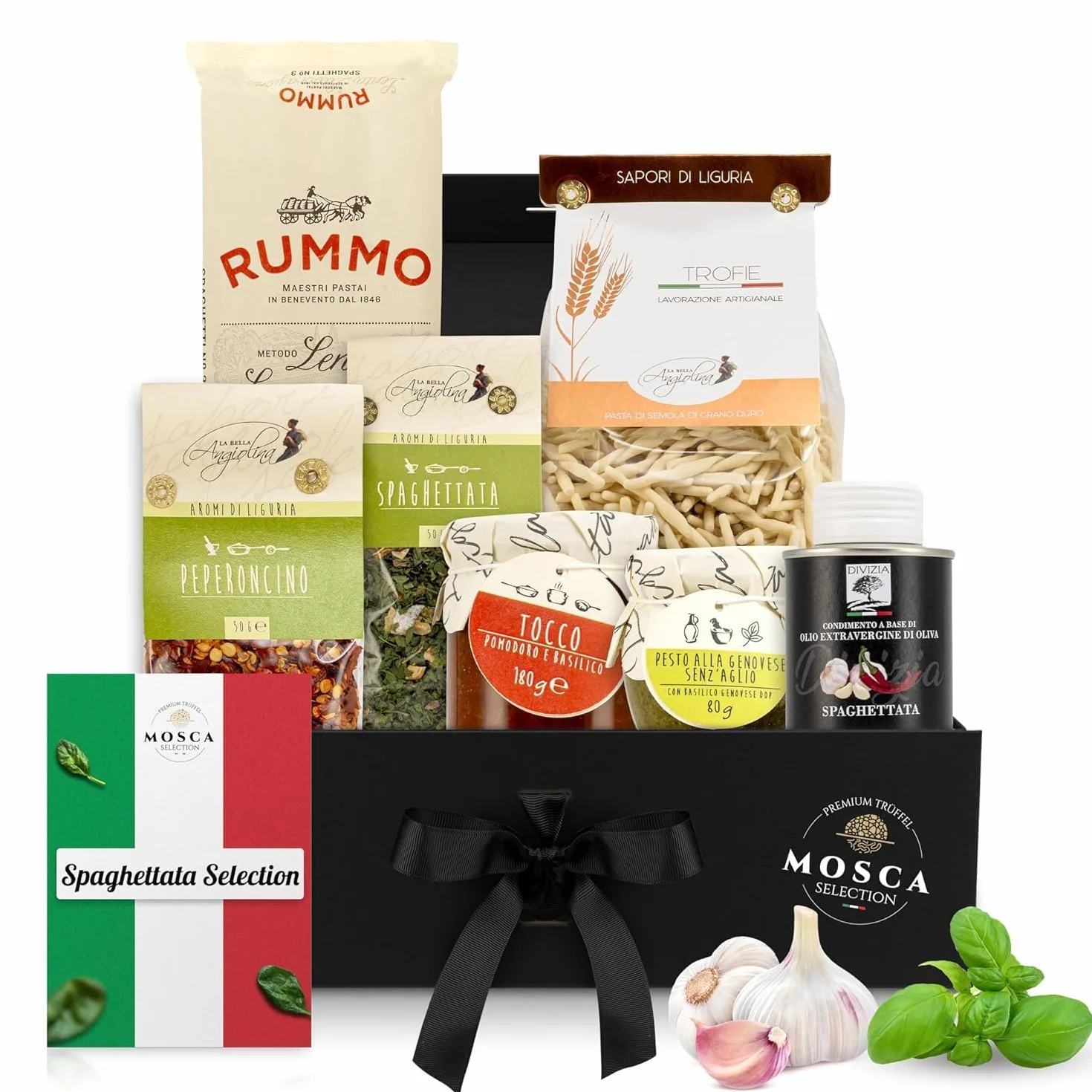 Coffret cadeau Spaghettata Selection : pâtes, pesto, huile d'olive, sauce tomate et épices - parfait pour des voyages culinaires dans la cuisine méditerranéenne - belle idée cadeau