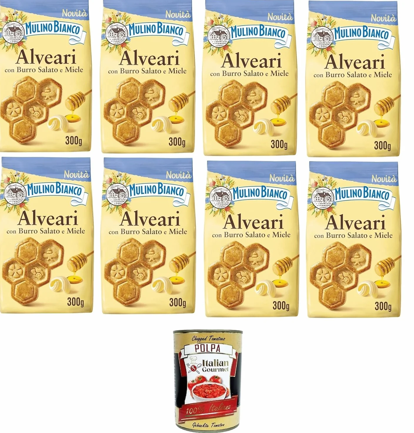 Italian Gourmet Bundle – Mulino Bianco Alveari Biscuits Italiens au Beurre Salé & Miel, Lot 8×300 g – Biscuits Croquants Petit-Déjeuner & Goûter, Saveur Miel + Italian Gourmet Polpa