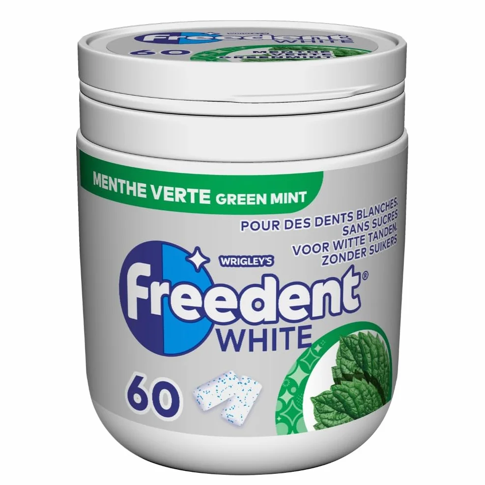 FREEDENT WHITE Chewing Gum Sans Sucre Goût Menthe Verte 1 Boîte 60 Dragées Grand Format
