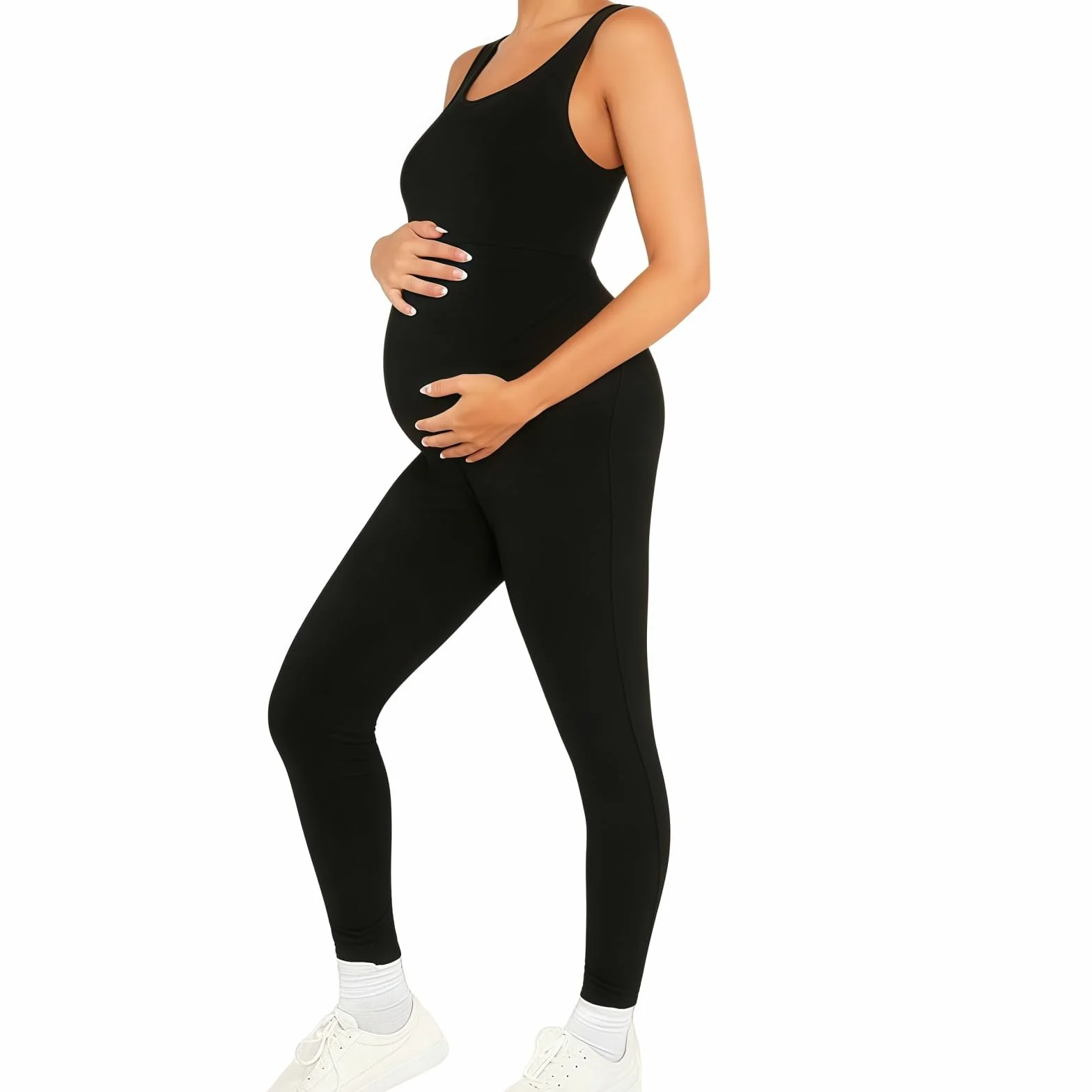 Combinaison de Grossesse sans Manche Noire Yoga Legging Body sans Couture Col U Longueur Totale Combinaison Sport Ajustée