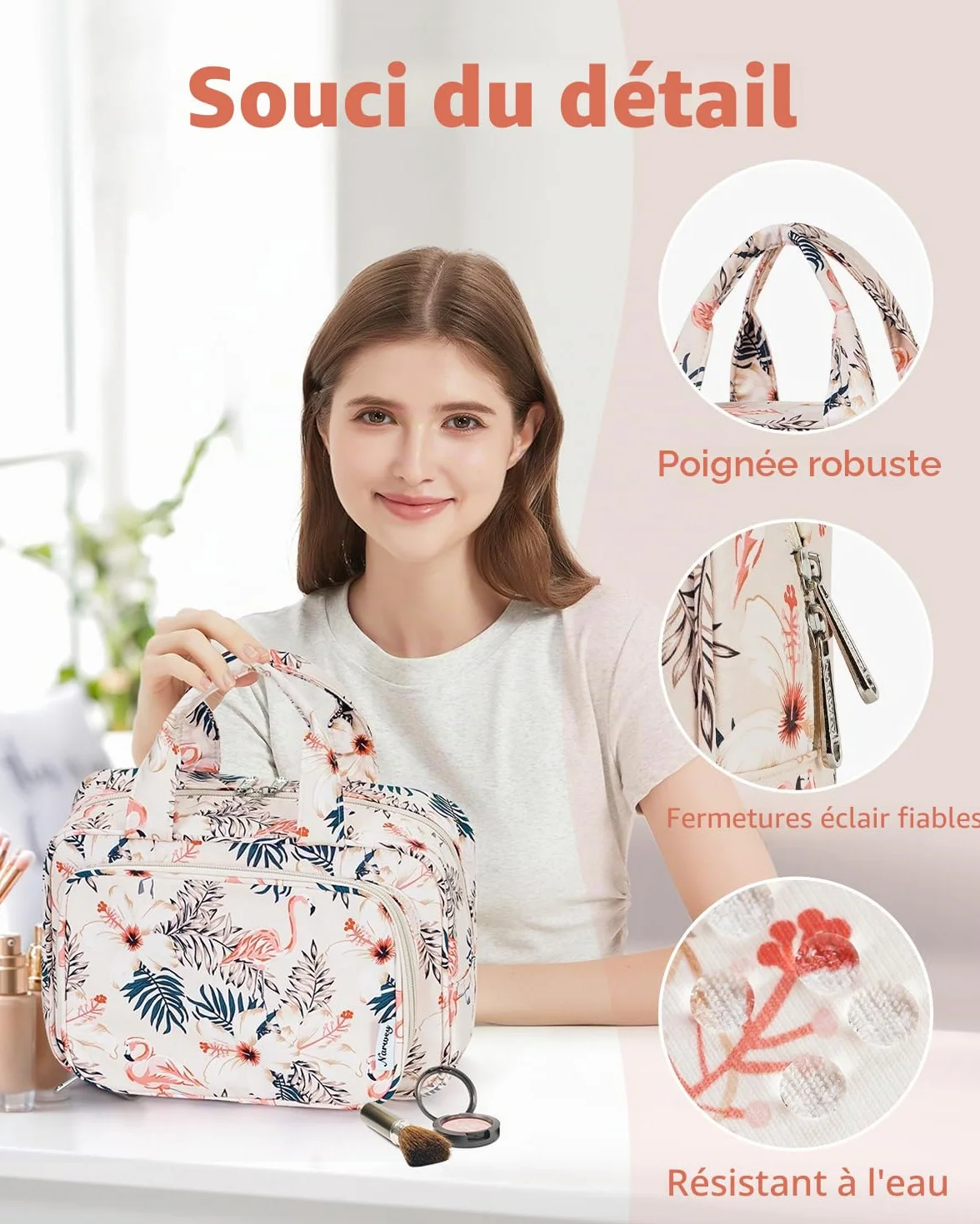 Narwey Trousse de Toilette Grande Femme Sac de Voyage Maquillage Organisateur Flamant