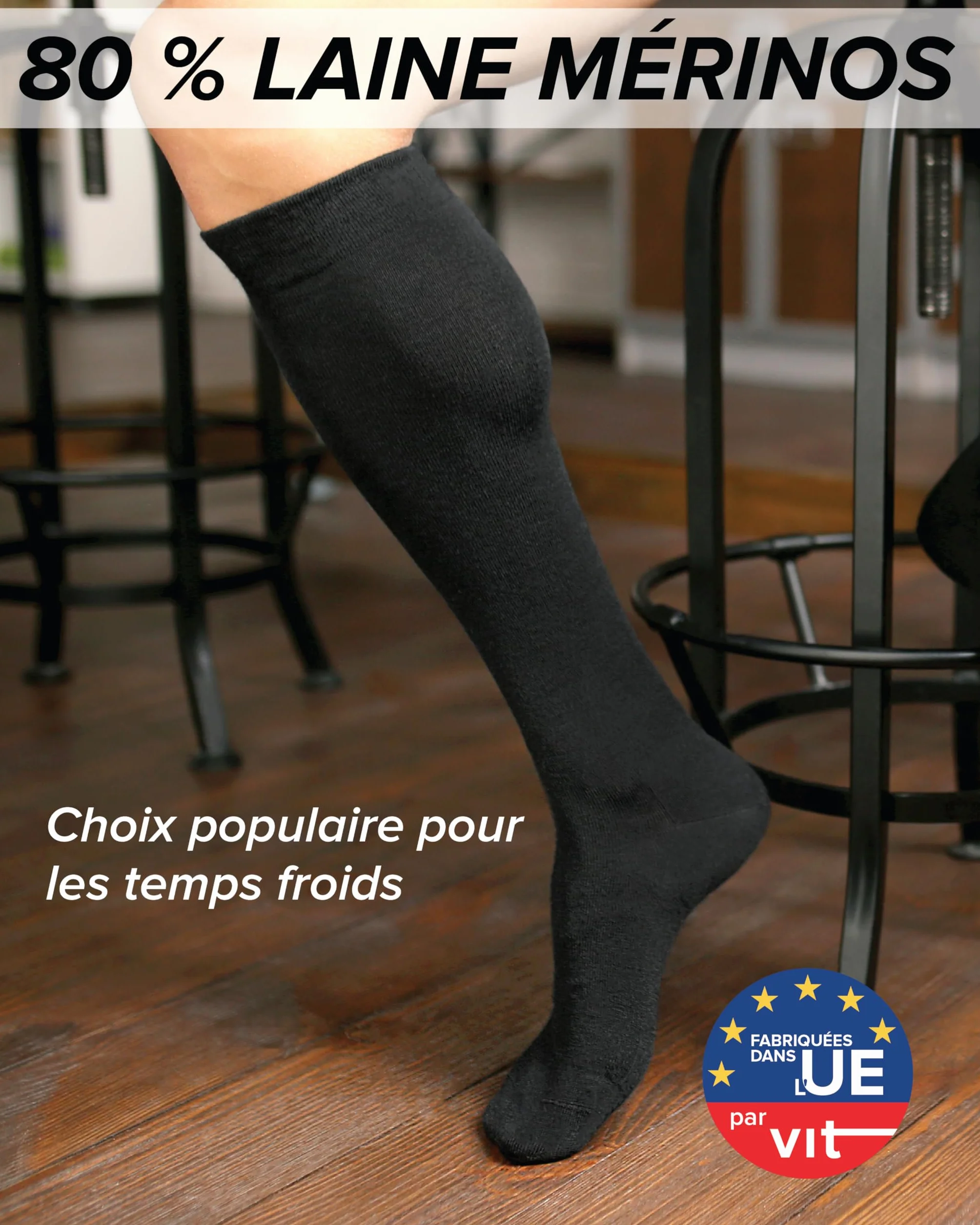 Chaussette haute 80% laine mérinos mi-bas chaud Homme longue montante au genou d'hiver fine respirante