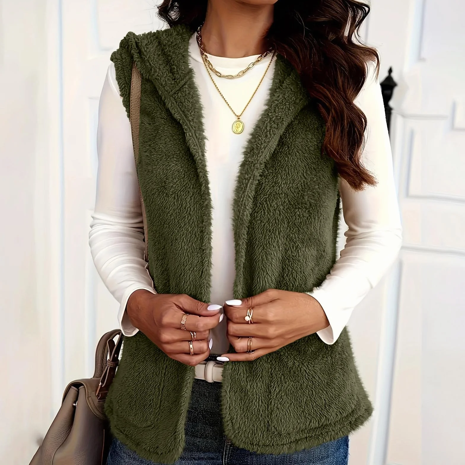 Gilet Femme Polaire Sans Manches Fourrure Veste Laine Couleur Unie Fluffy Chaud Sherpa Molleton