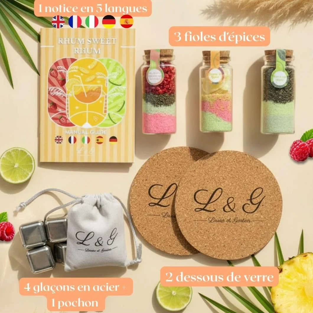 L&G - Coffret Rhum Arrangé “RhumSweetRhum” | Kit Fabrication Maison avec Épices Naturelles | 3 Fioles Saveurs Exotiques + Glaçons + Dessous de Verre | Idée Cadeau Noël ou Secret Santa