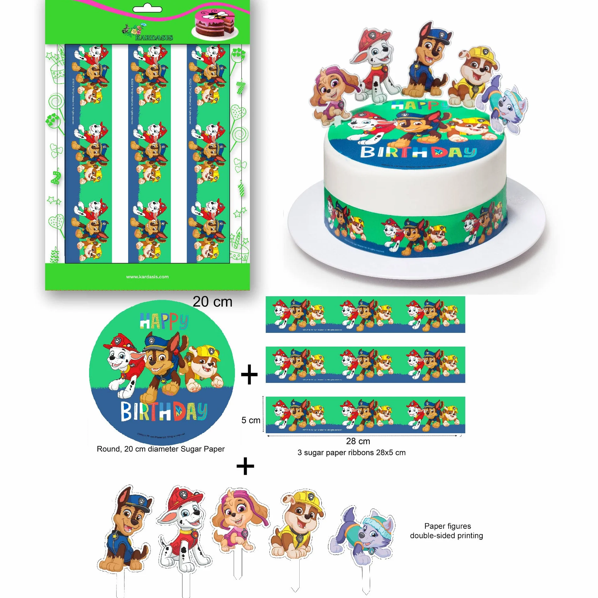 Pat Patrouille Dessus de Gâteau et Figurines en Papier | Disque Azyme Comestible pour Gâteaux | Décoration de Gâteau pour l'anniversaire à thème | 20cm + 4 bandes 28x4cm + 5 figurines