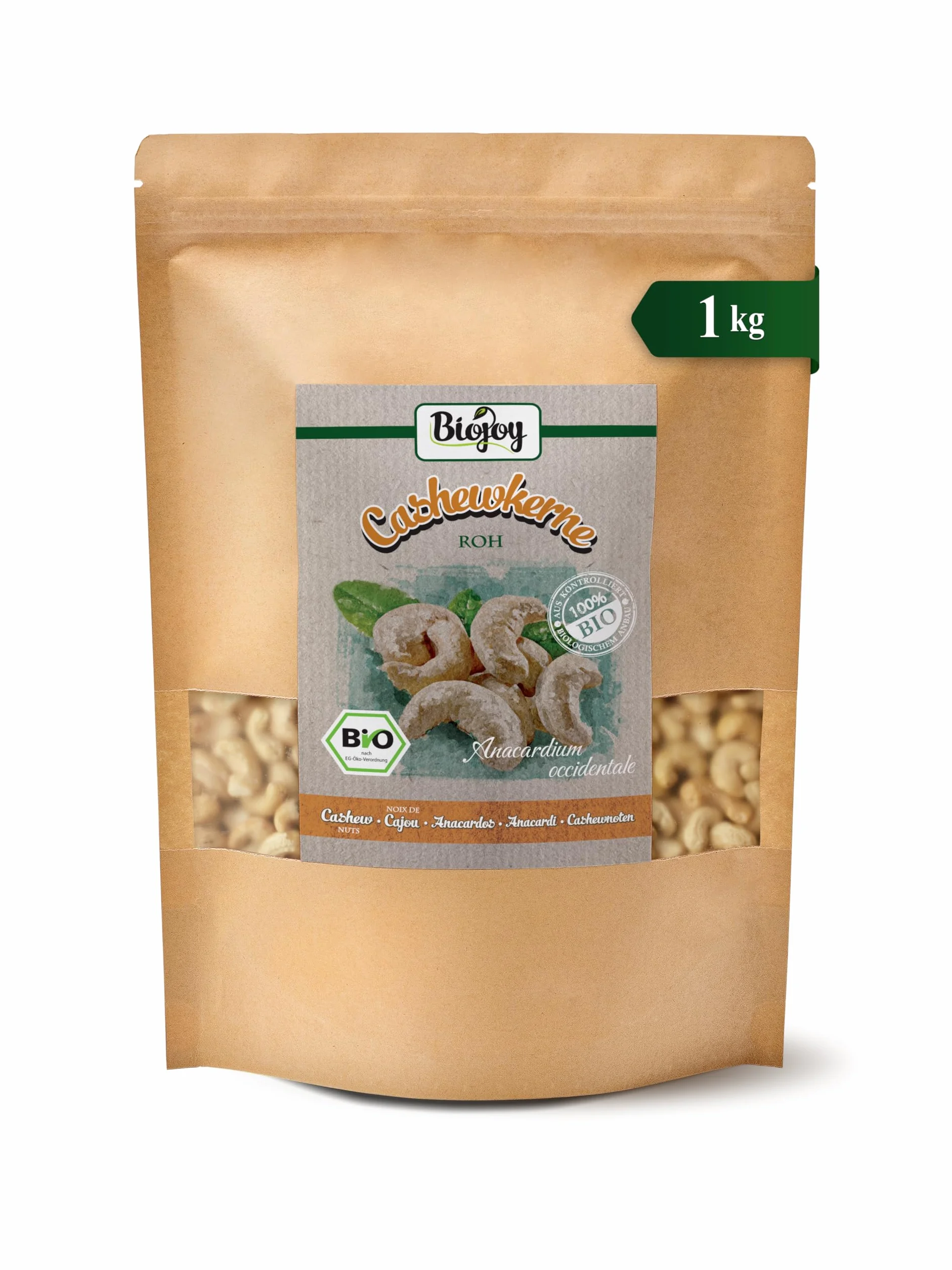 Biojoy Noix de cajou crues BIO (1 kg), entières et non salées