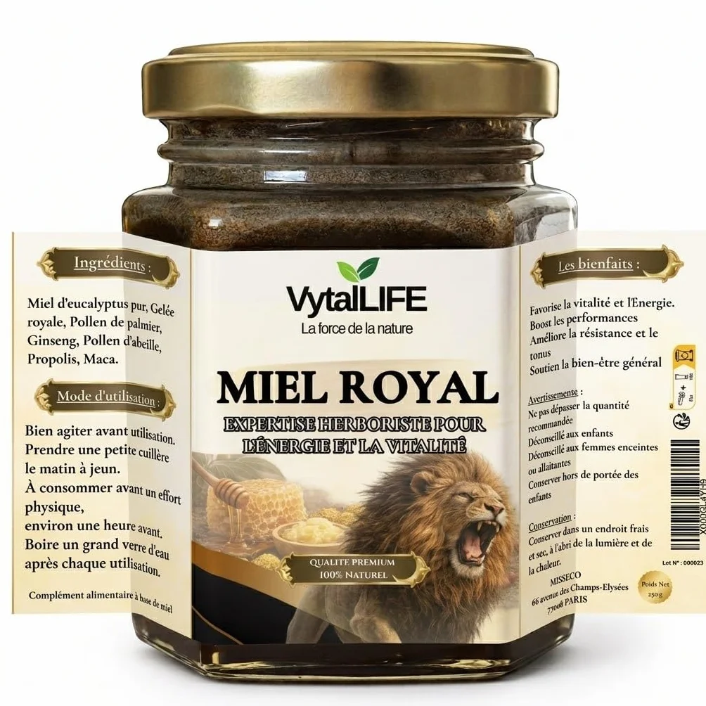 VytalLIFE Miel à la Gelée Royale, Ginseng & Maca - Miel Aphrodisiaque d'Eucalyptus 100% Pur 250g - Enrichi en Propolis, Pollen d'Abeille - Énergie & Vitalité - Booster Testosterone Homme Naturel