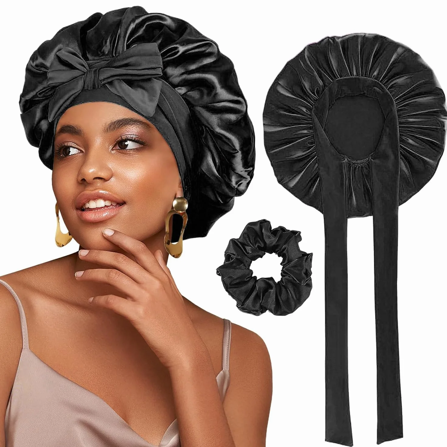 Satin Bonnet de Nuit pour Femmes Taille Ajustable Cheveux Bouclés Naturels