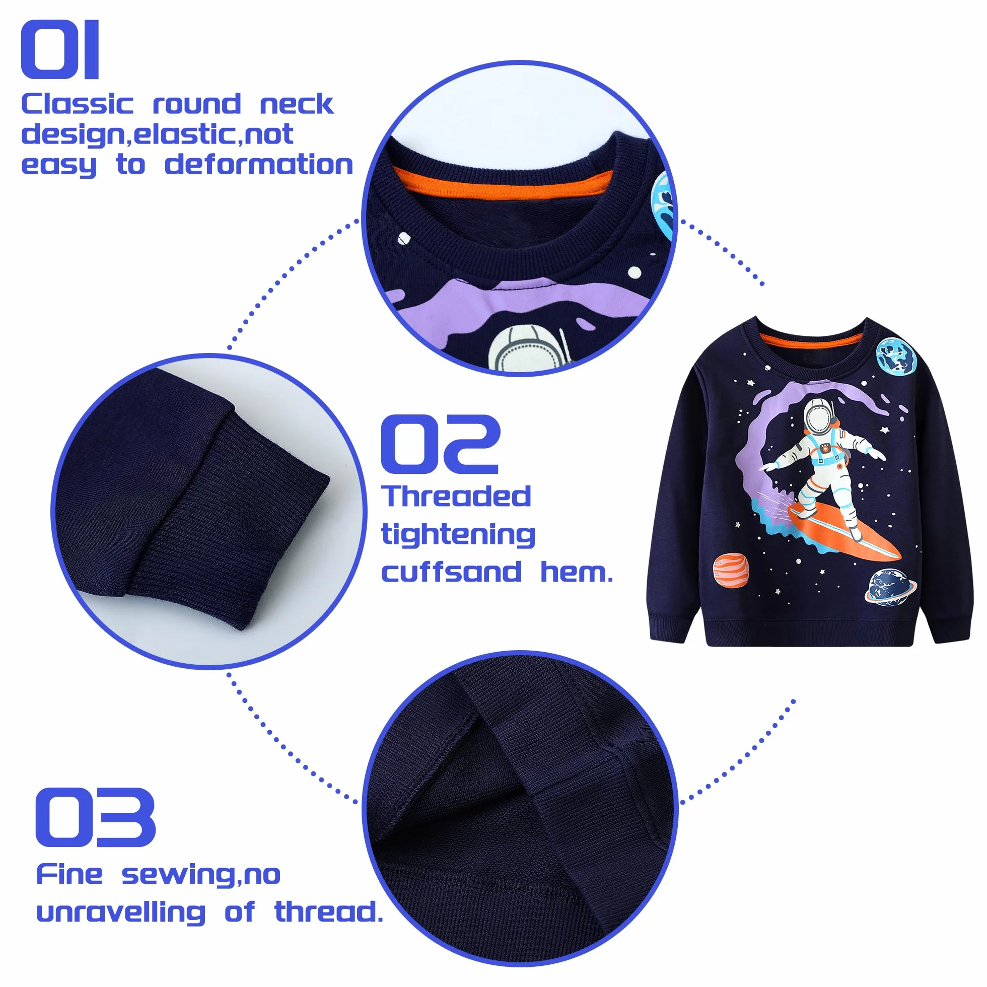Sweatshirt Garçon Enfant Pull Coton Col Rond Manches Longues Dinosaure, Casual Jumper 2-7 Ans Bleu Marine