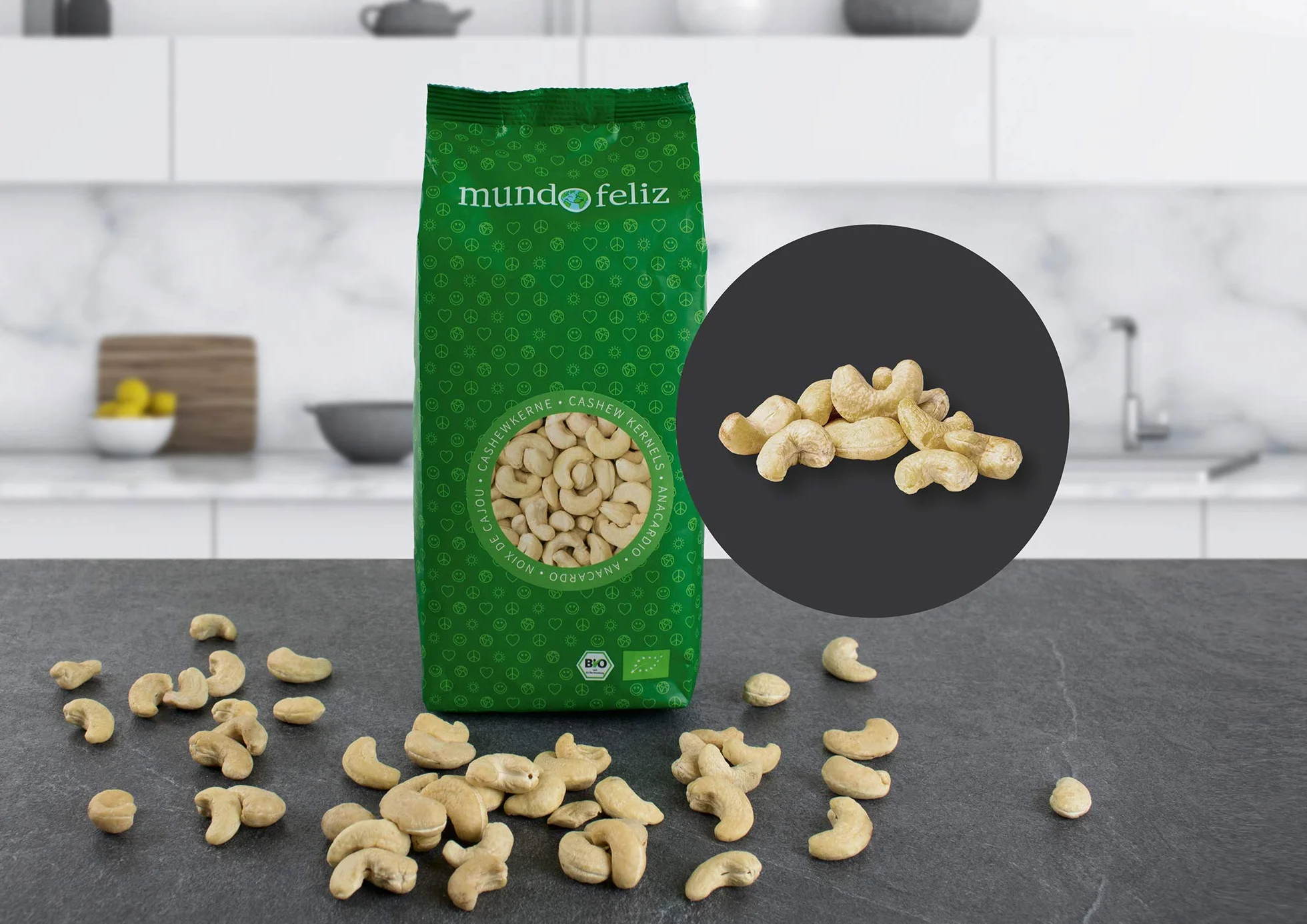 Mundo Feliz - Lot de 2 sachets de noix de cajou bio entières, 2 x 500 g