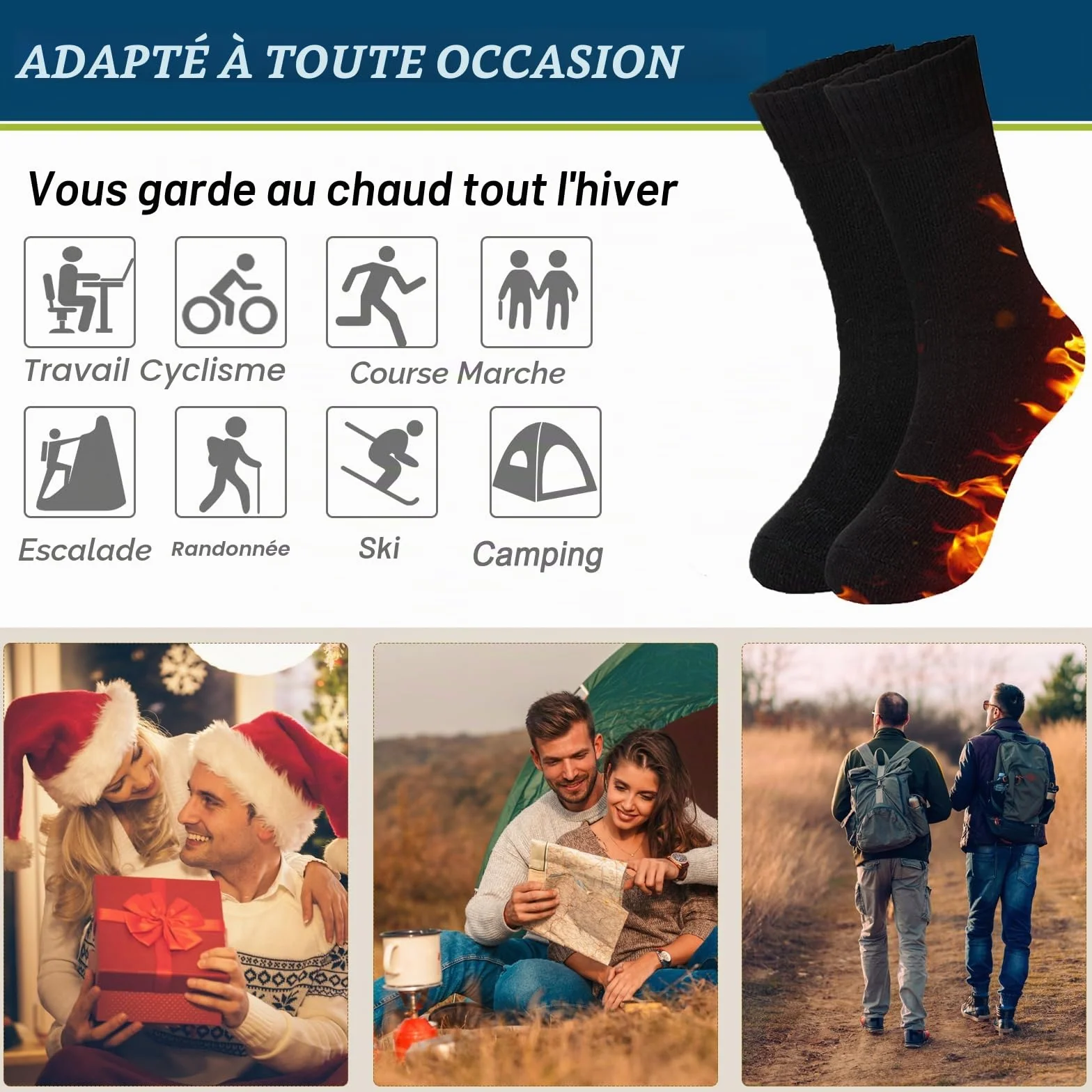 Josnown Chaussettes Chaudes Homme Hiver Thermiques Laine Semelles Épaisses Tissu Éponge Randonnée 5 Paires Taille 39-45