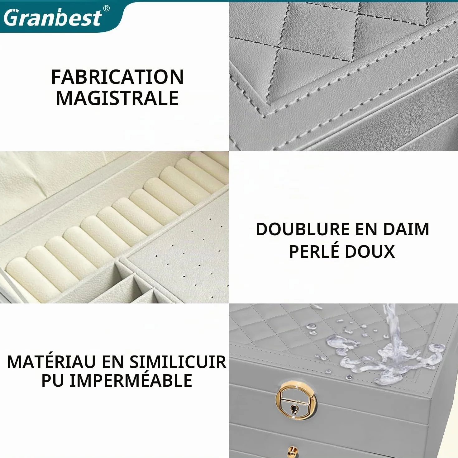 Granbest Coffret à bijoux en cuir 3 niveaux 2 tiroirs Gris