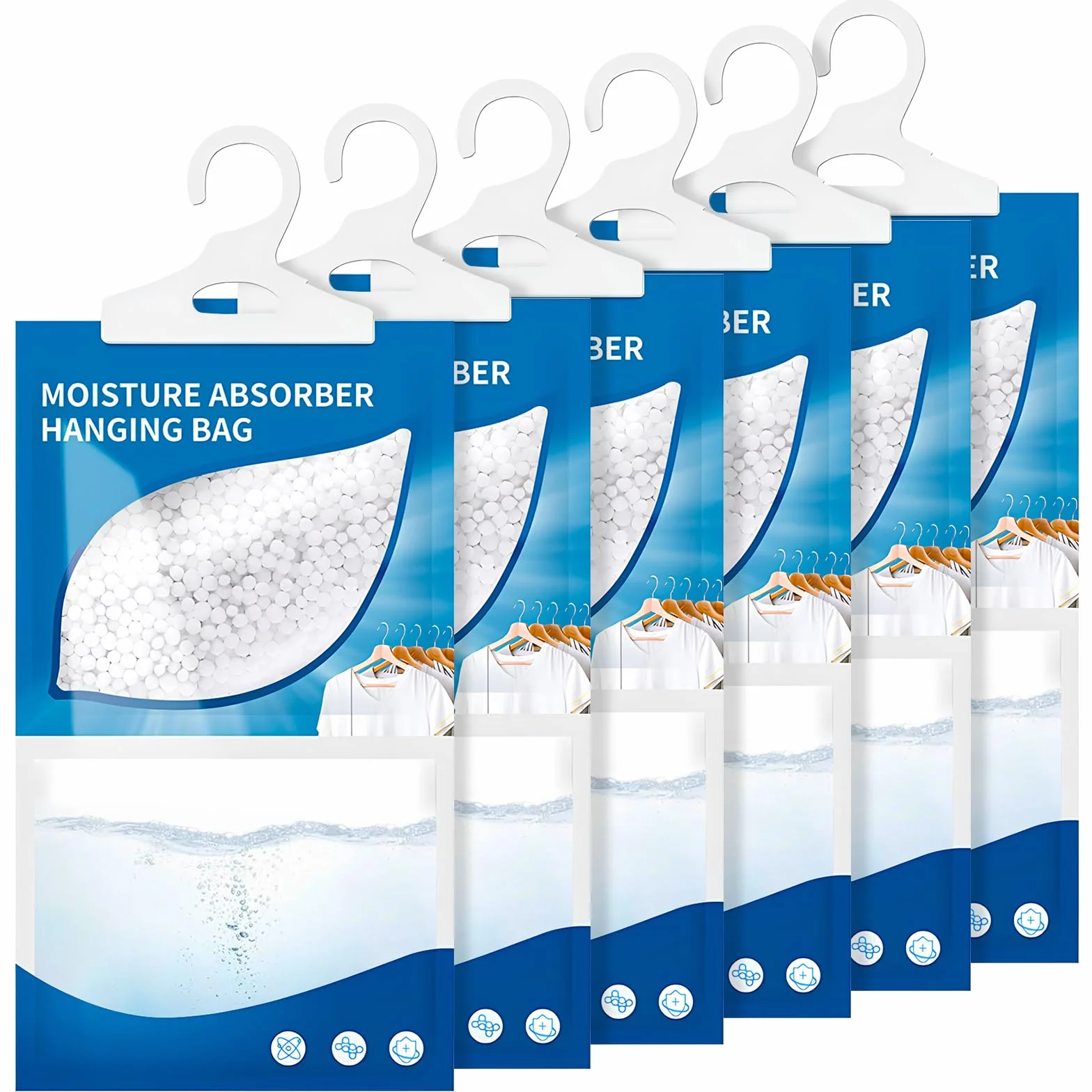 6 x 230g Absorbeur d'Humidité, Sachets Déshumidificateurs Suspendus pour Placard, Set Anti-Moisissure et Humidité pour Cuisine, Salle de Bain, Garde-Robe, Voiture, Élimine les Odeurs