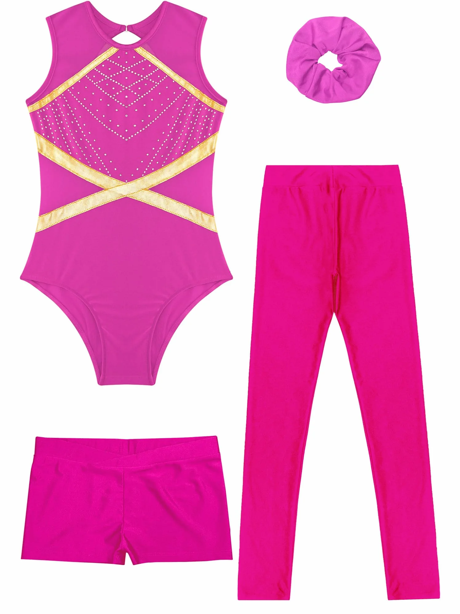 Oyolan Ensemble de Gymnastique 4 Pièces pour Fille Justaucorps Legging Short Chouchou Tenue Danse Gym Patinage Sport Fitness