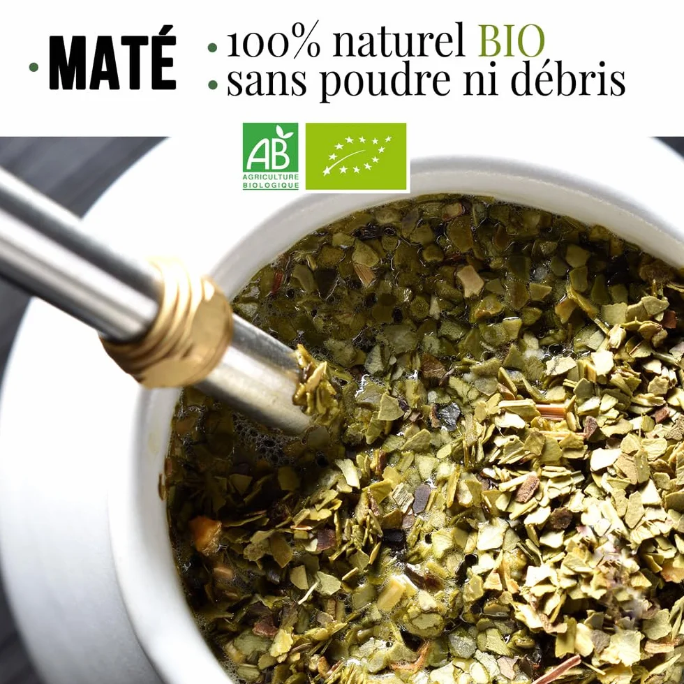 ORIGEENS CALEBASSE MATÉ - Conditionné en France - Kit Mate Complet avec Tasse Maté Céramique Artisanale (Portugal), Bombilla, Yerba Mate BIO inclus - Coffret Cadeau
