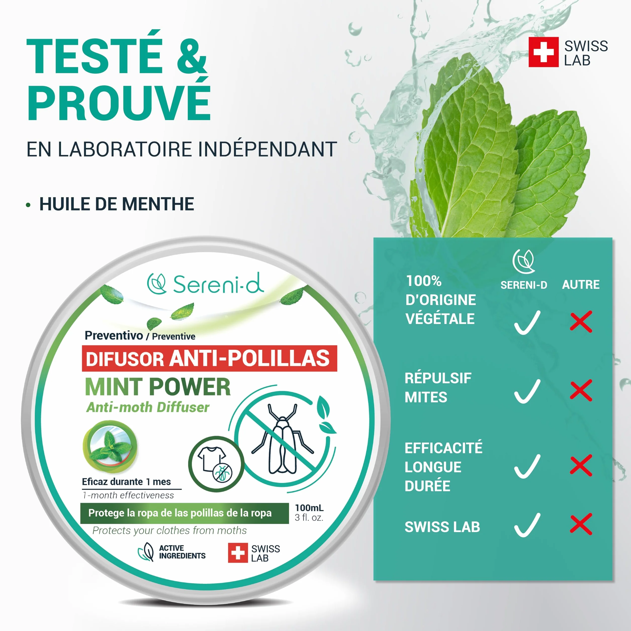 SERENI-D Diffuseur ANTI-MITES Textiles MINTPOWER - Protection répulsive des Vêtements, Lainages et Fourrures - Parfum Menthe - Action immédiate et protège les placards des nouvelles infestations