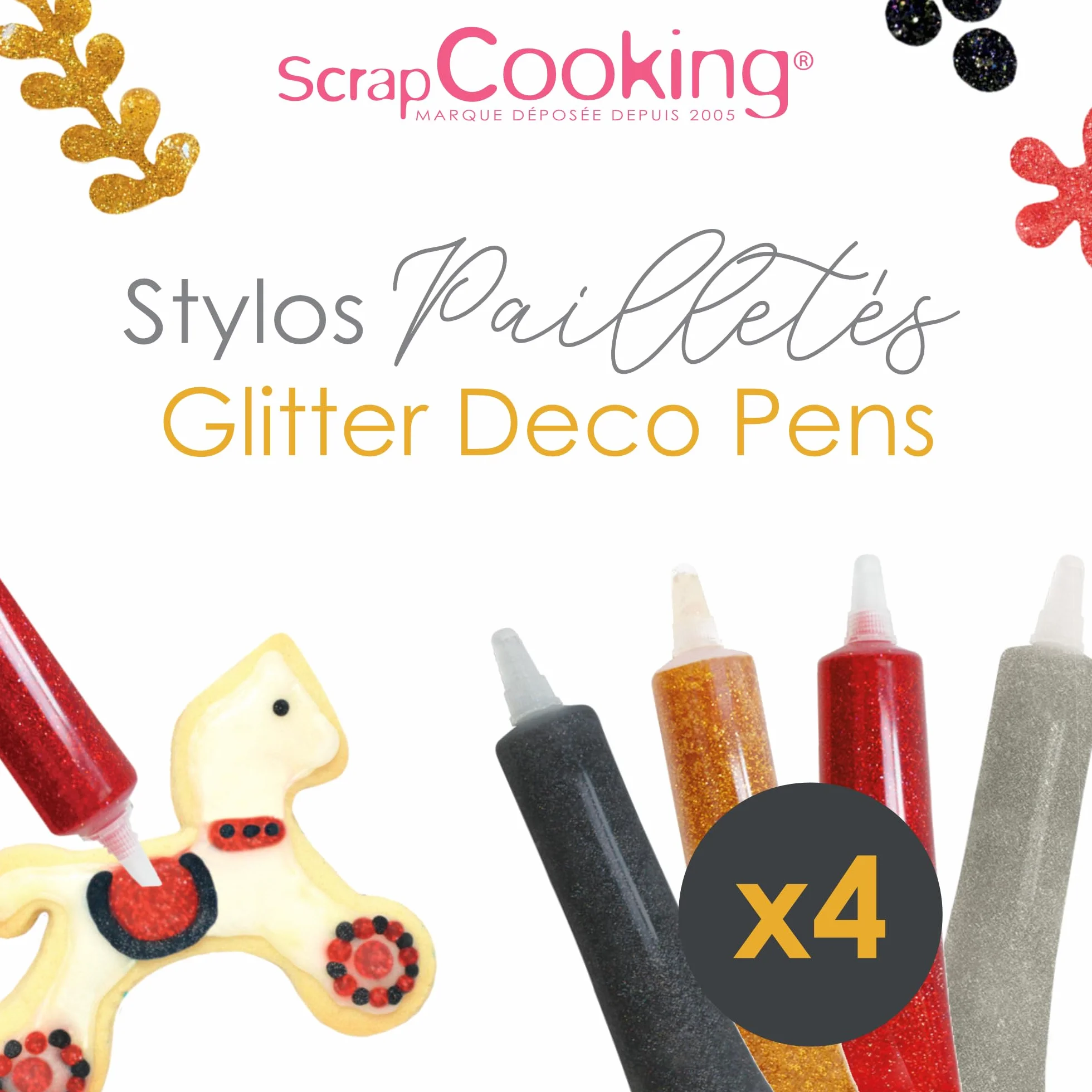 ScrapCooking - 4 Stylos Pailletés - Stylos Alimentaires Doré, Argenté, Rouge & Noir - Crayons Pâtisserie - Colorants Comestibles - Noël, Anniversaire - Écrire & Dessiner sur Gâteaux & Biscuits - 7073