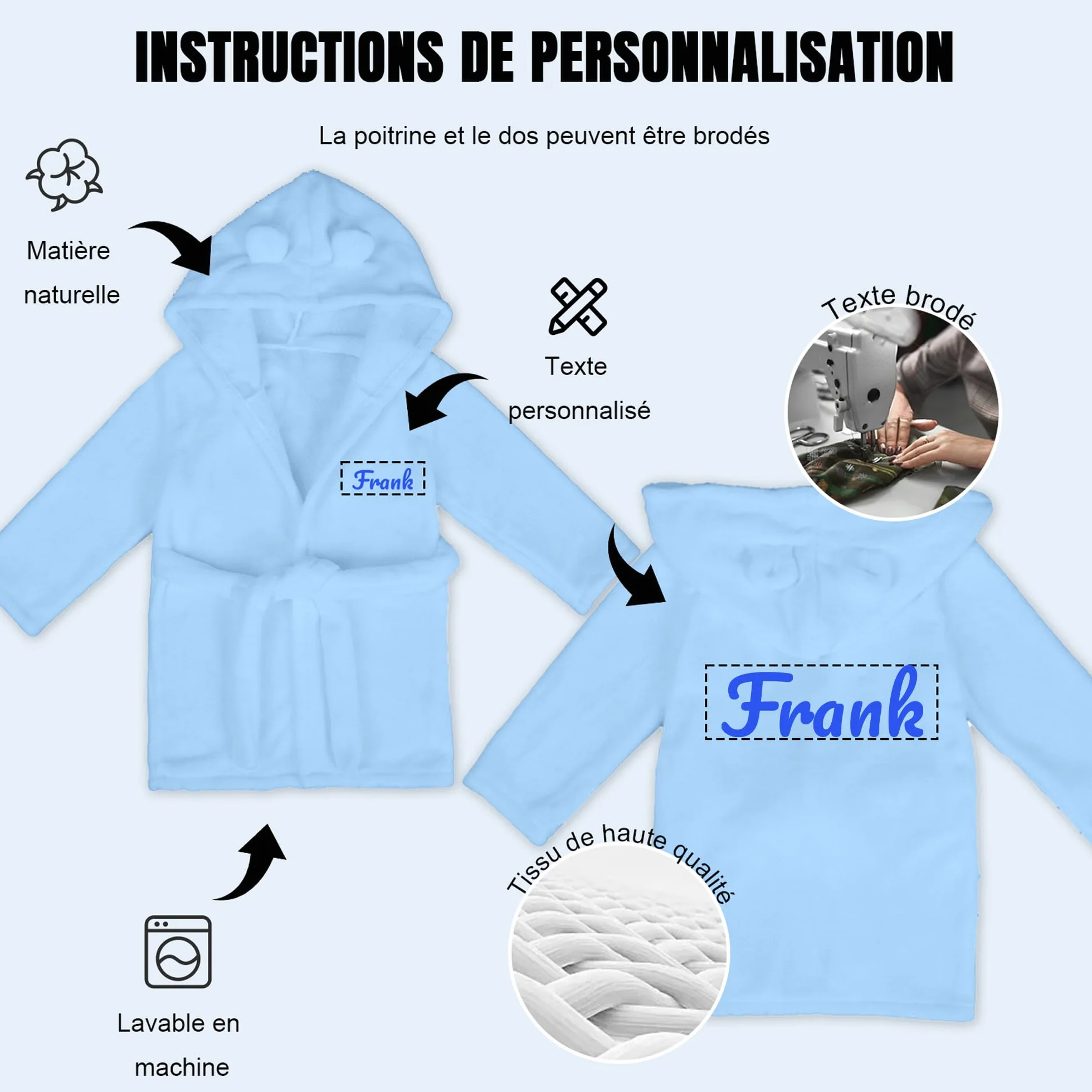 Peignoir Bébé Personnalisé avec Nom Brodé, Flanelle Douce, Cadeau Naissance