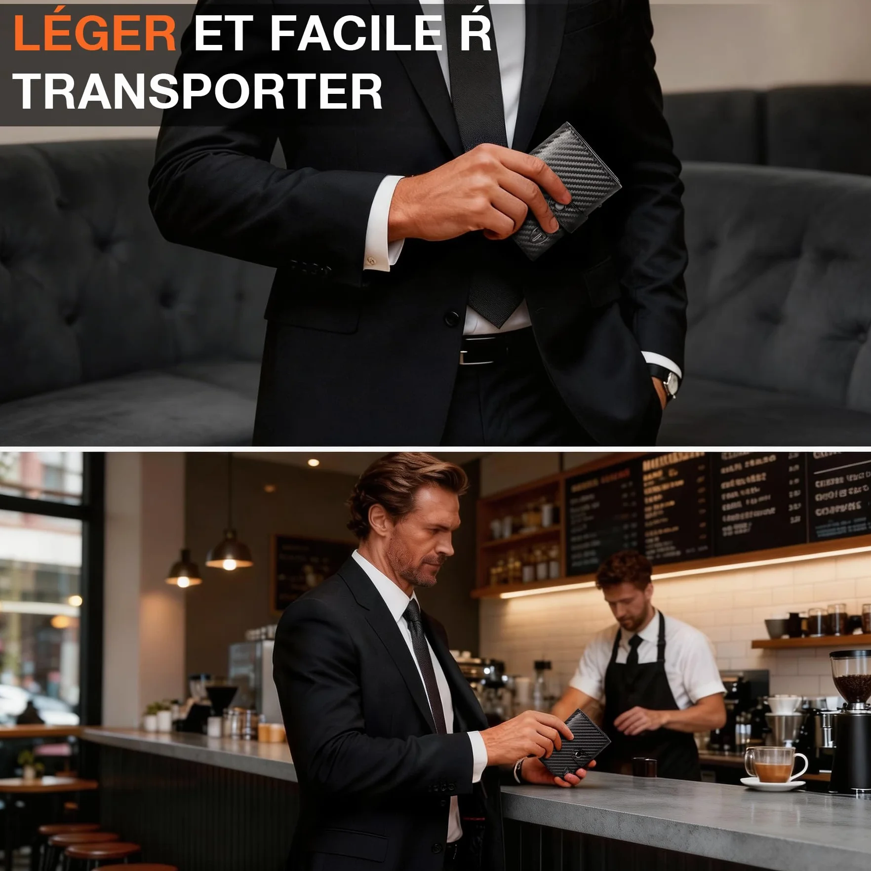 Portefeuille Homme Fibre de Carbone RFID Blocage Noir Orange