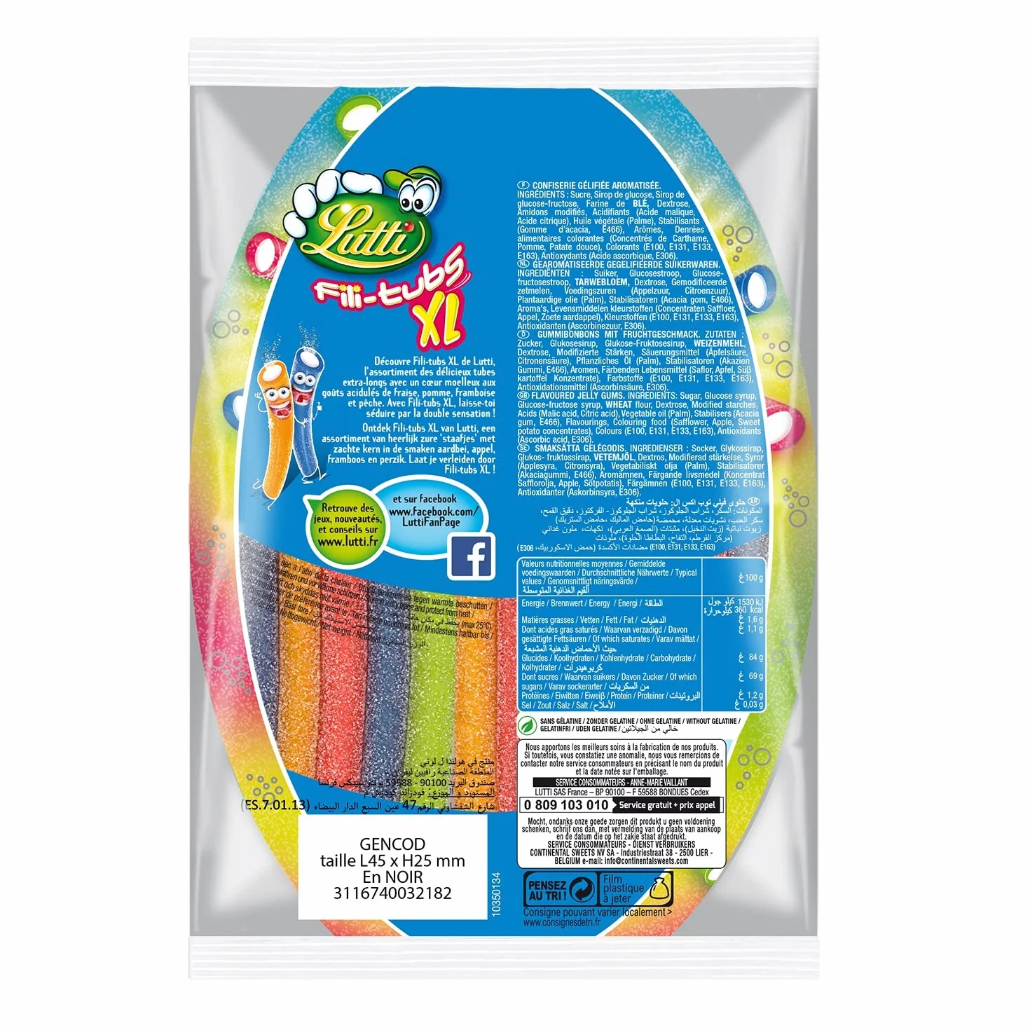 Lutti Assortiment de Bonbons Fili-Tubs XL le Paquet de 180 g