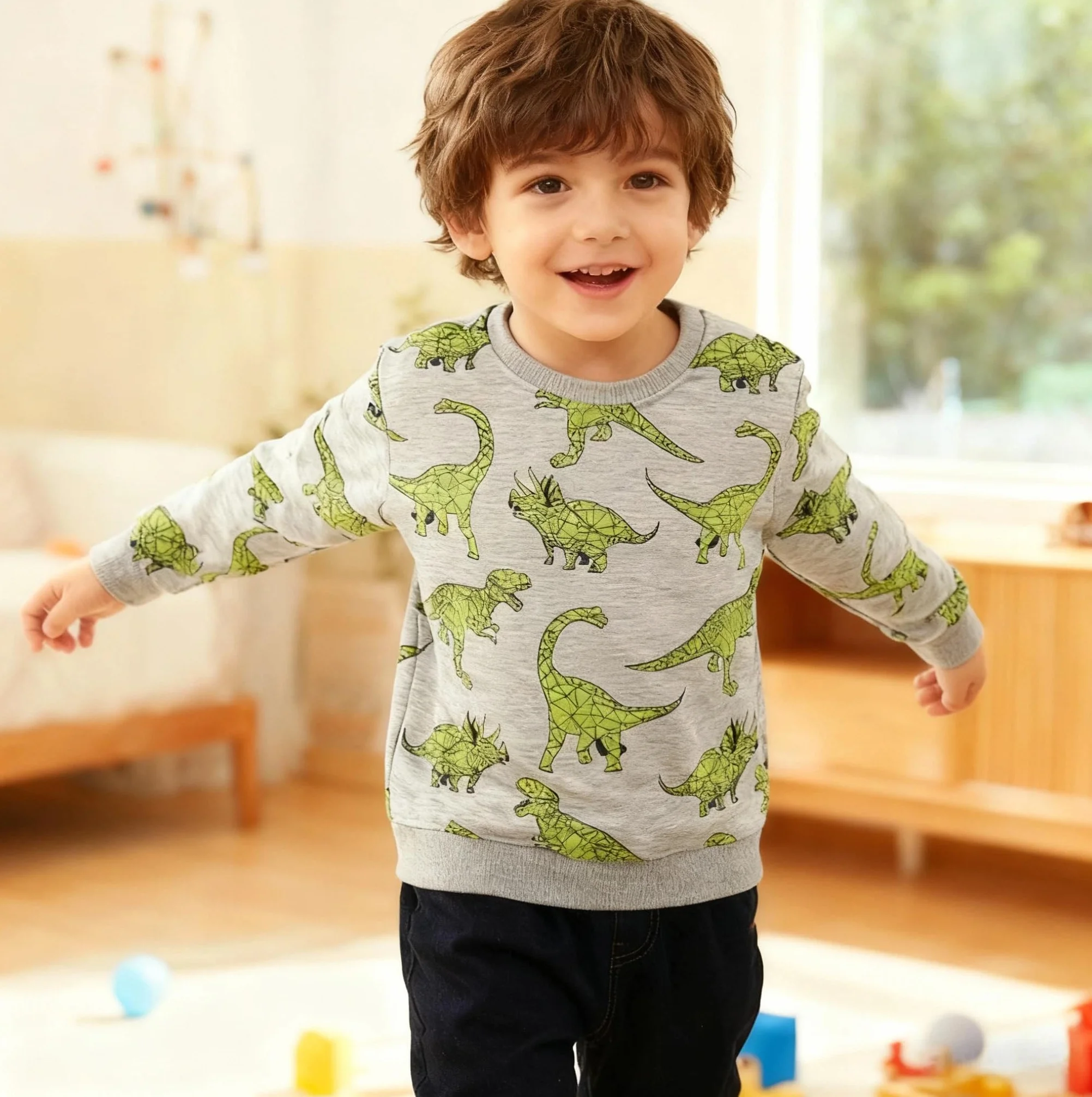 Sweatshirt Garcon Pull Enfant Dinosaure Manches Longues Coton 2-7 Ans