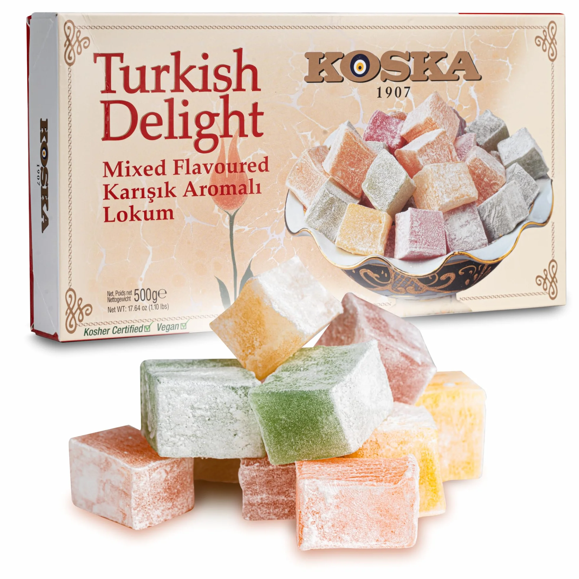 Loukoums aux différentes saveurs 500 g I Délice turc au goût de Rose, citron, orange, menthe | Confiserie traditionnelle | Vegan | Halal | Casher | bonbons mous Dessert Lokum | Sans Gluten