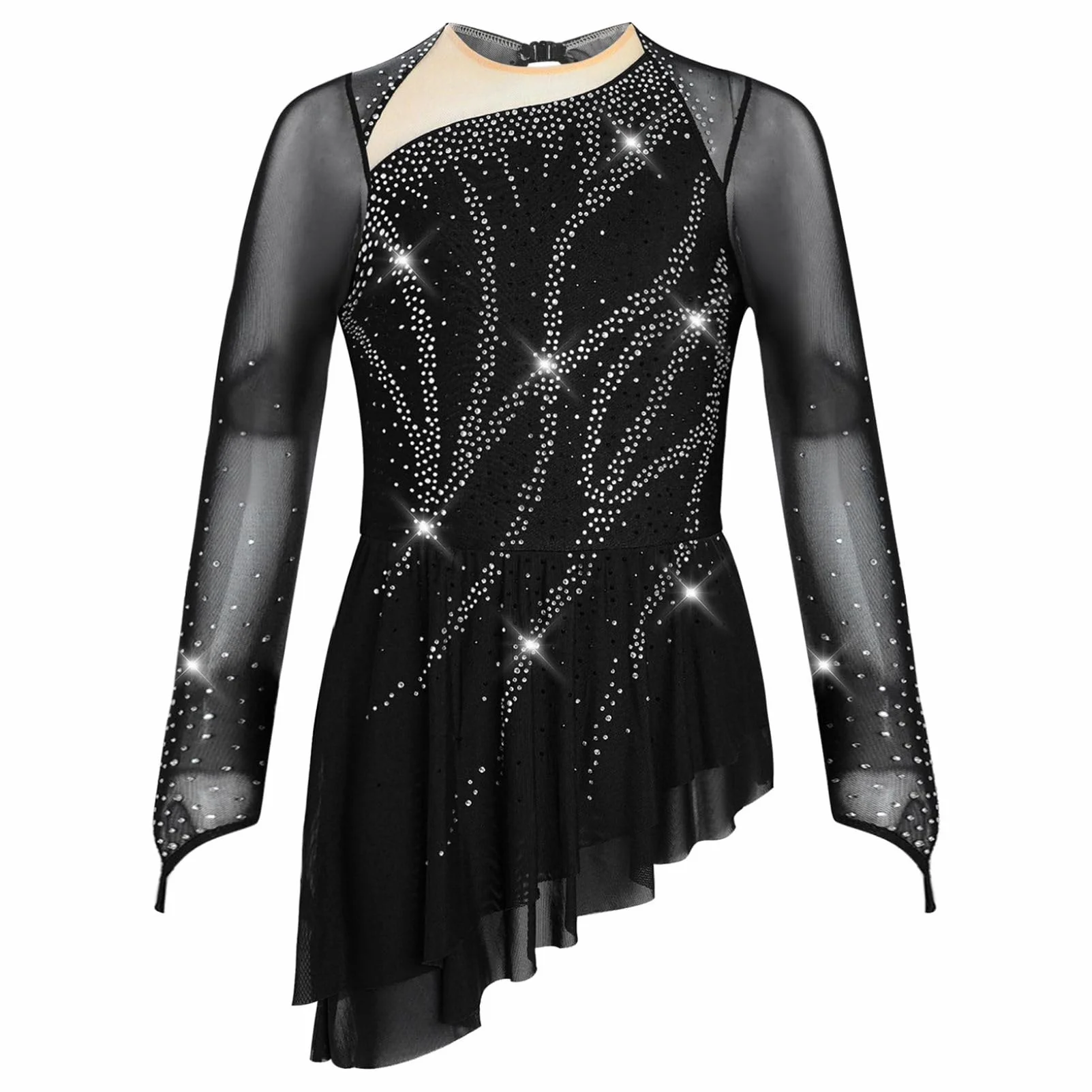 Oyolan Fille Robe Patinage Artistique Manches Longues Strass Asymétrique Danse Leotard Gymnastique