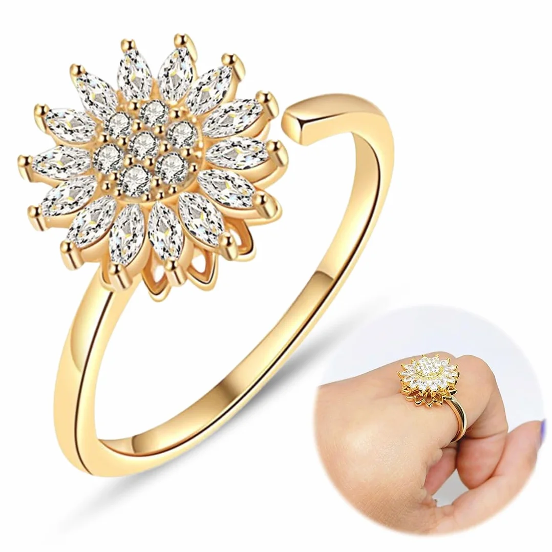 Bague Anti-Stress Femme Tournante Tournesol Strass Dorée