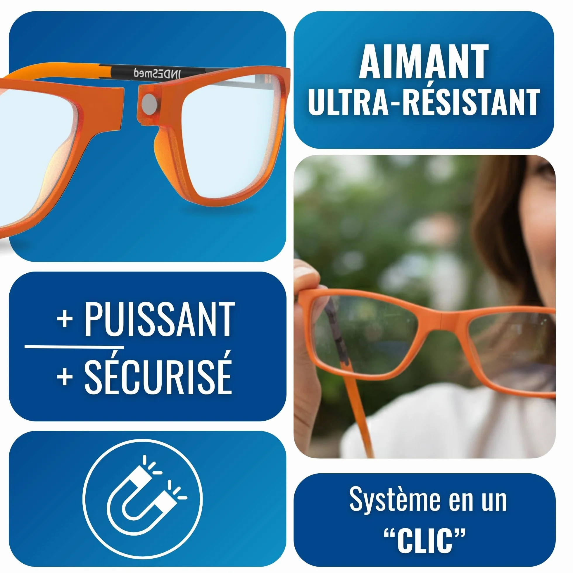 INDESMED Lunettes de lecture magnétiques réglables anti lumière bleue légères cordon interchangeable