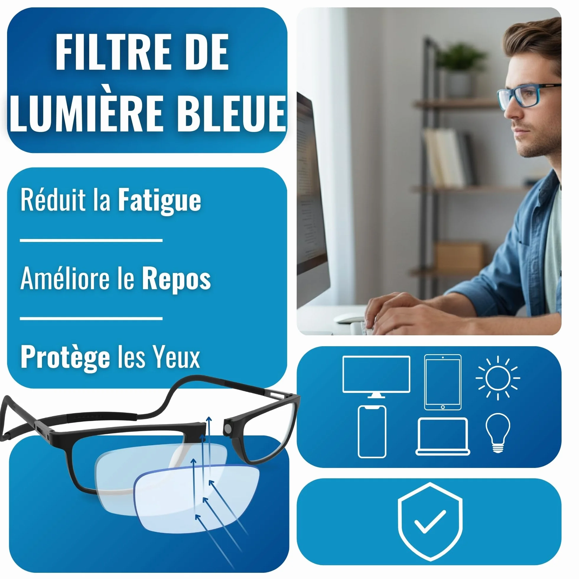 INDESMED Lunettes de lecture magnétiques réglables anti lumière bleue légères cordon interchangeable