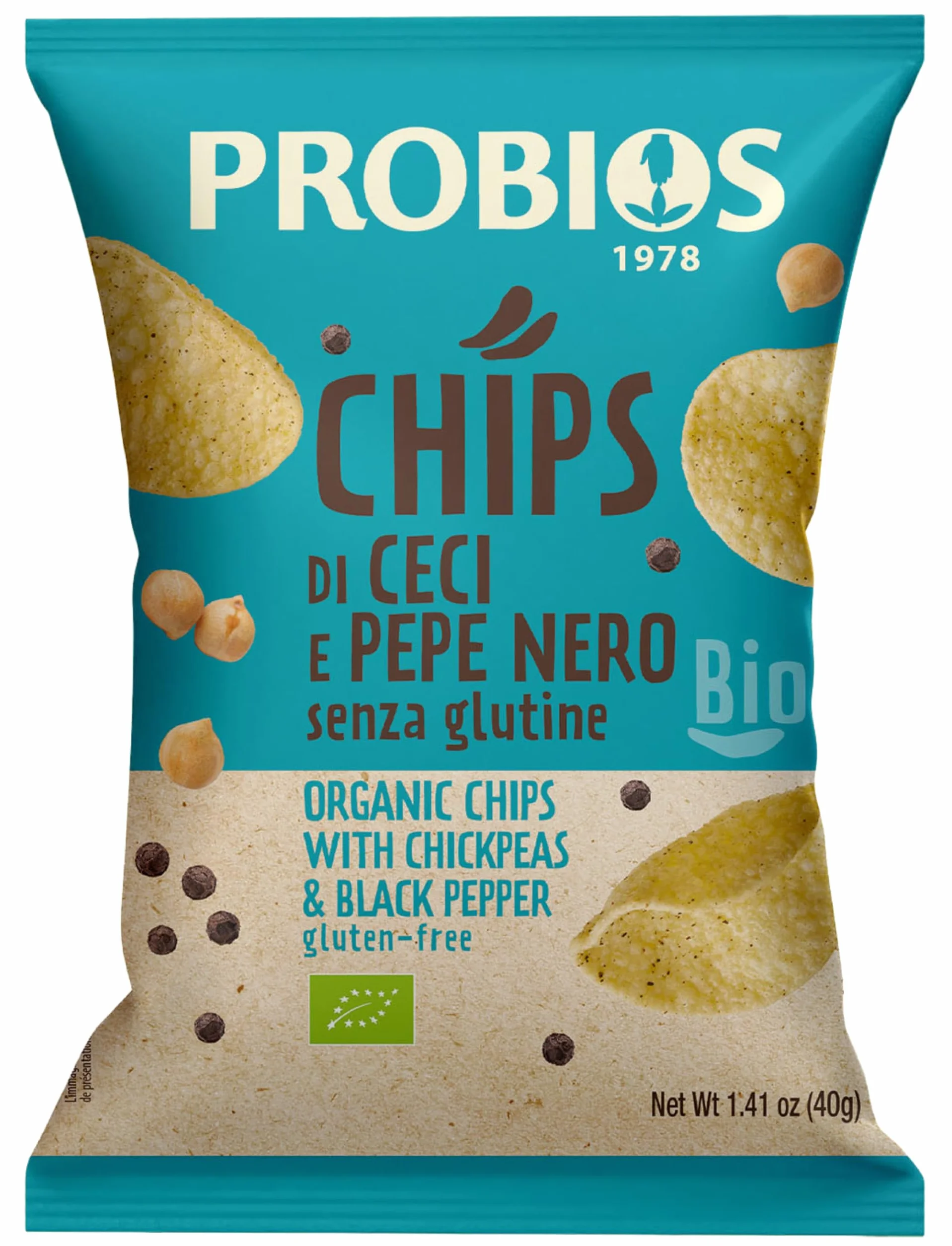 Probios Chips aux pois chiches et poivre noir biologique - emballage 12x40g