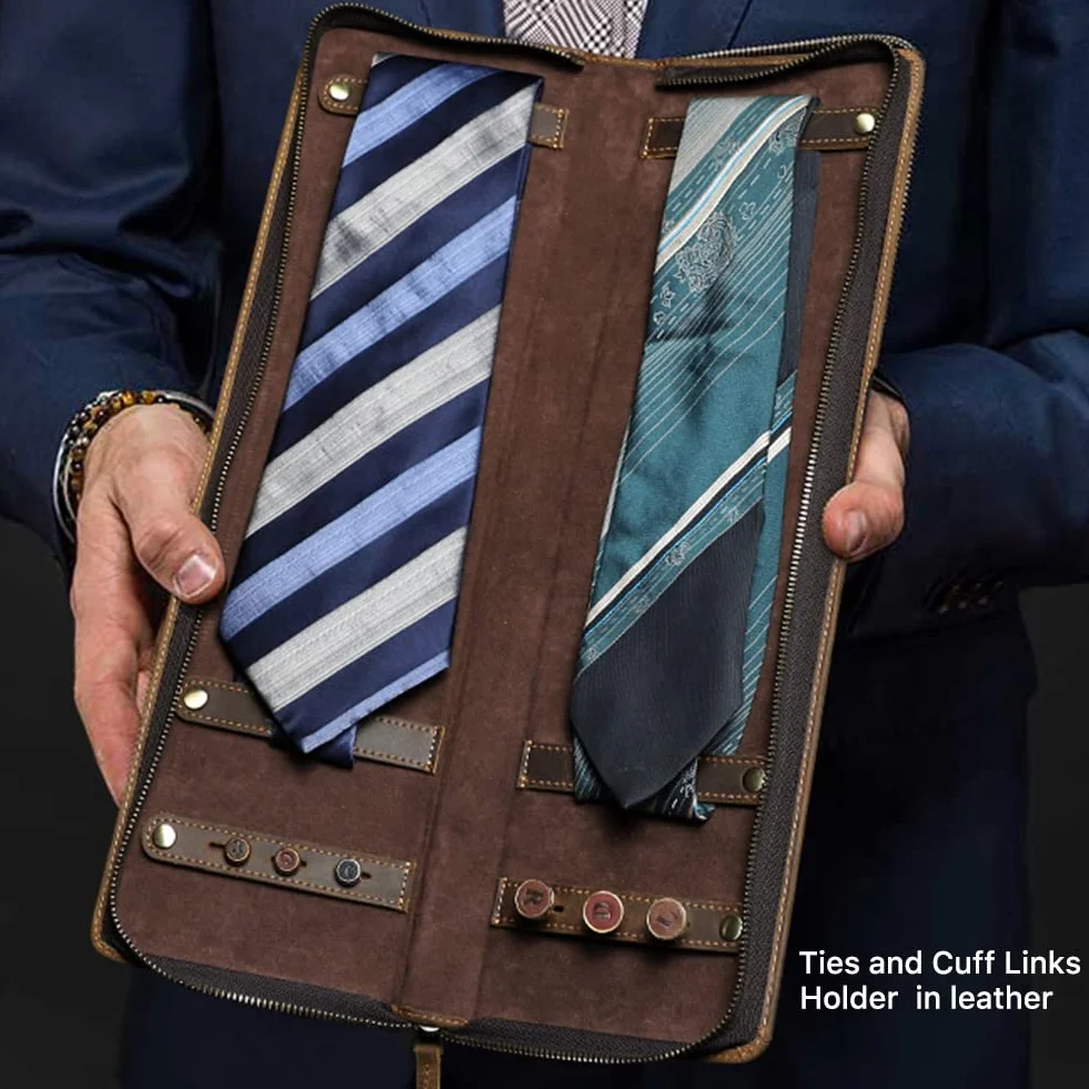 Hiram Étui à cravate en cuir véritable Portable Pour 2 cravates Voyageurs d'affaires