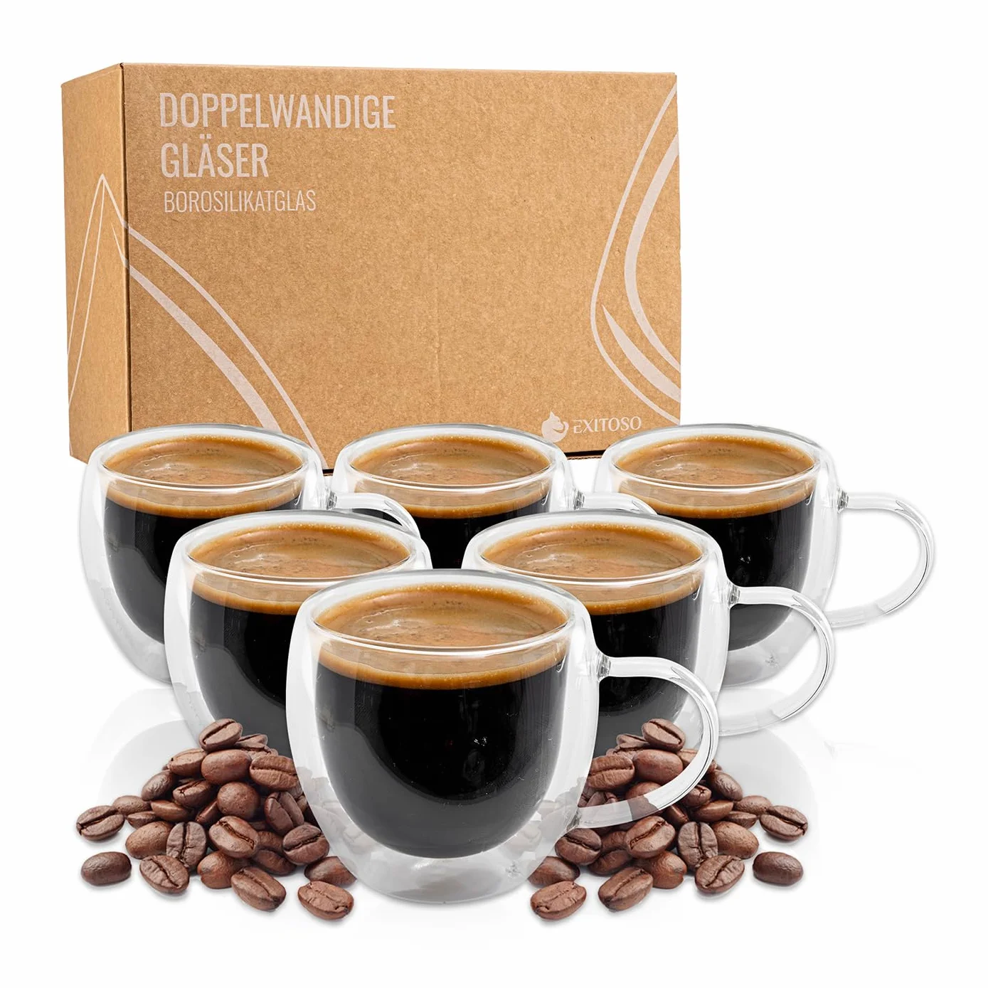 Exitoso Lot de 6 verres à latte macchiato à double paroi - 80 ml - Verres à café à double paroi - Verre borosilicate - Verres à café avec anse