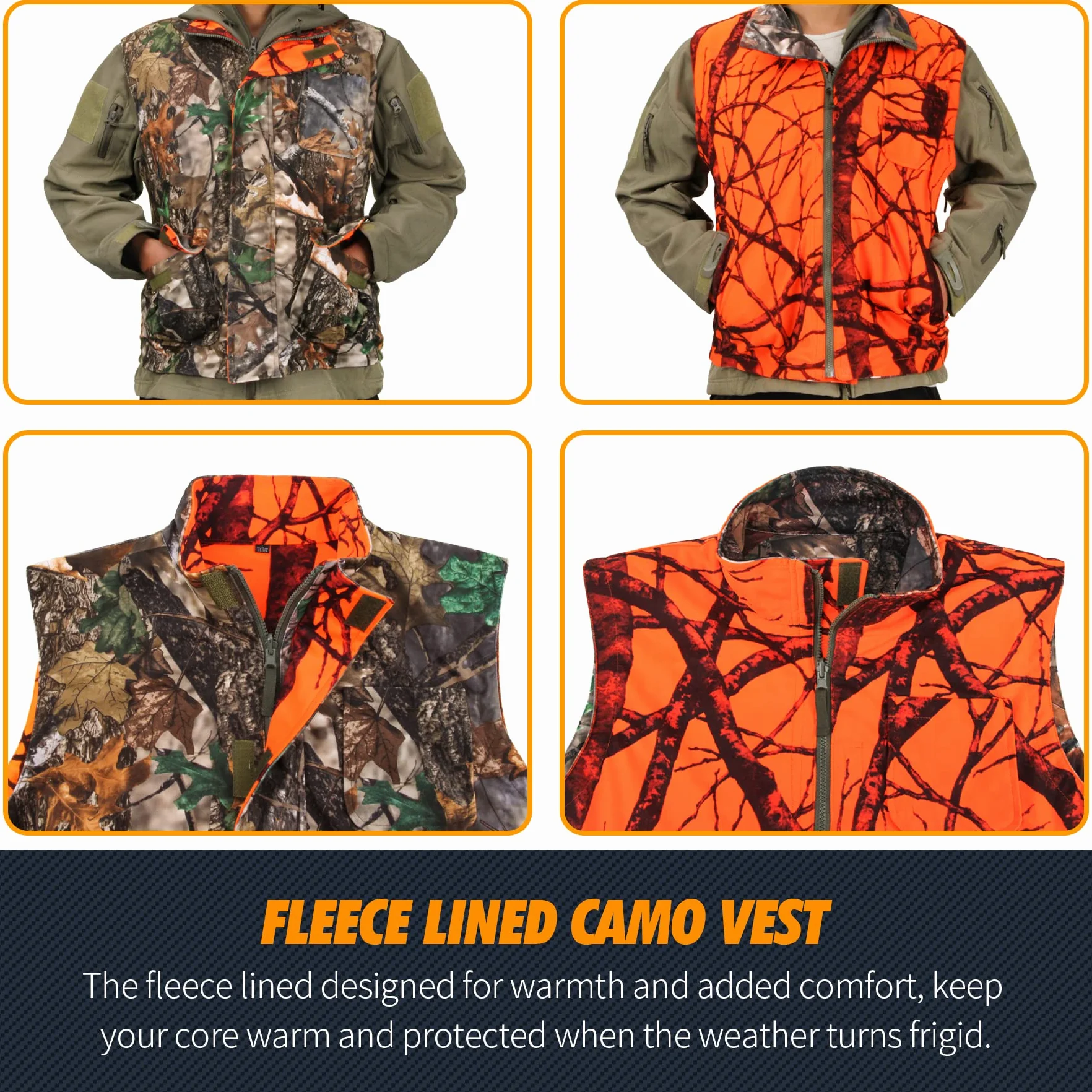 GUGULUZA Gilet de Chasse Orange Camo Réversible Multi-Poches