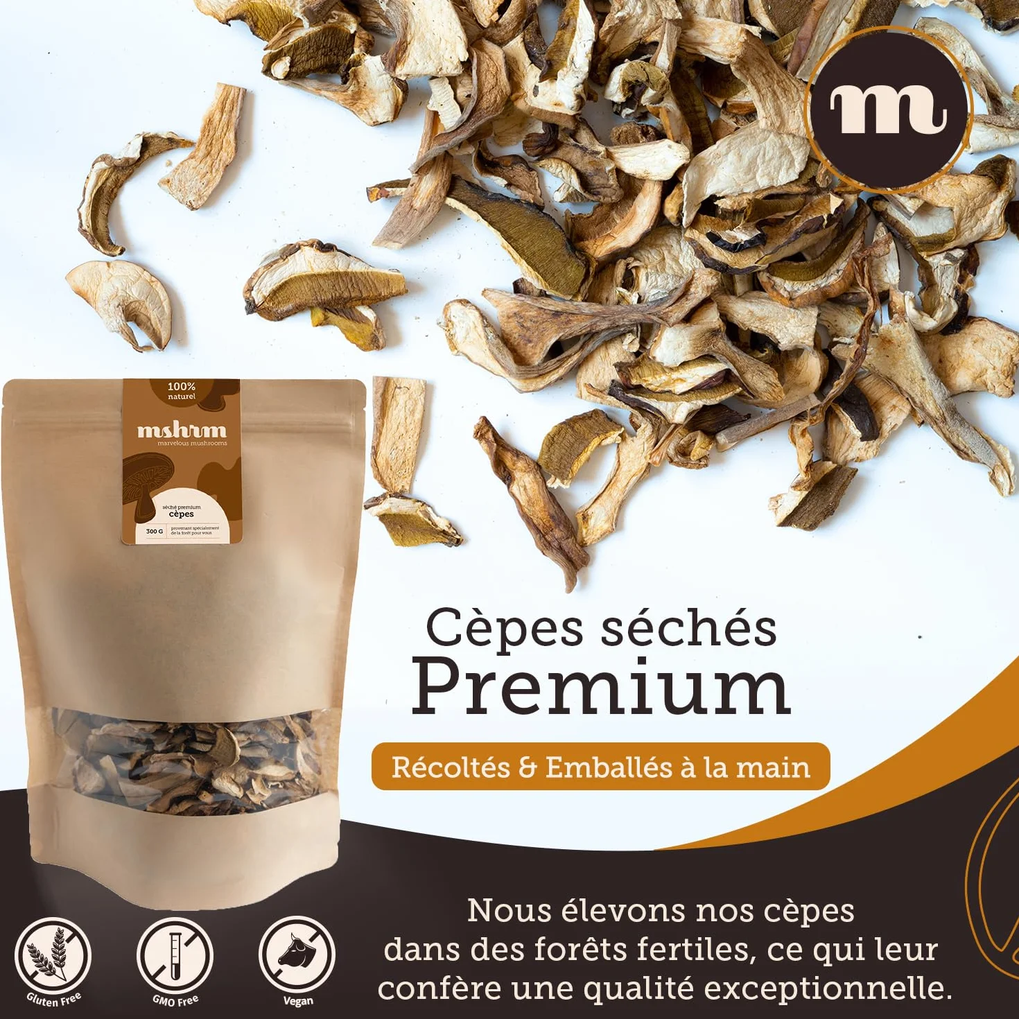 MSHRM Cèpes Séchés 300g - Classe 1 - Champignons séchés de qualité supérieure pour la consommation - Cèpes séchés issus de l'agriculture durable - Porcini Cèpes séchés