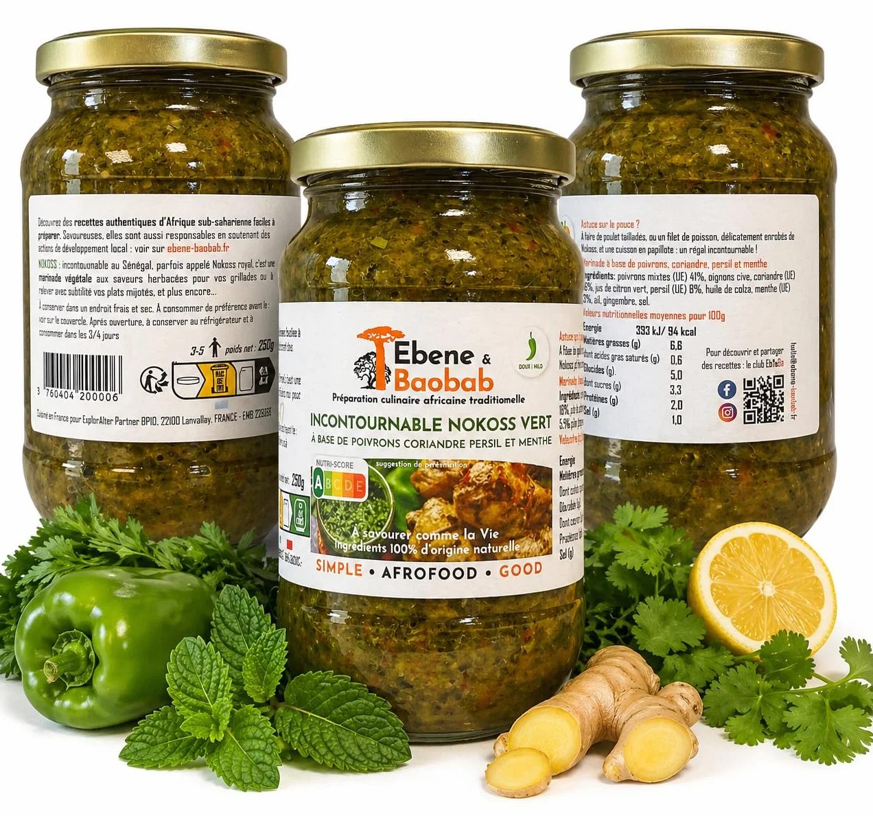 Marinade sénégalaise Nokoss PACK ECO 3 x 250g - Ebene&Baobab® - pour poulet, poisson bbq - à base de poivrons, persil, coriandre, menthe, gingembre – Cuisiné en France -Livraison offerte-