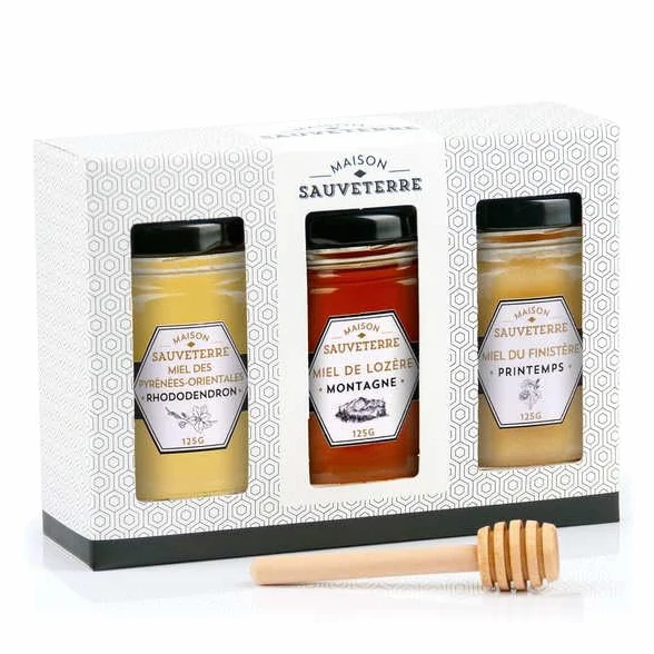 Coffret cadeau 3 miels de France et cuillère à miel - Coffret cadeau 3x125g
