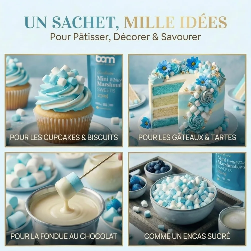 BAM Mini Marshmallow – Guimauves Sucrées Pour Chocolat Chaud, Desserte et Décoration, Blancs et Bleus, 250g