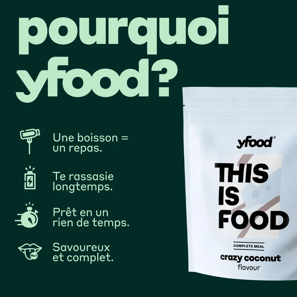yfood Poudre de noix de coco crazy - Délicieux repas à boire pour les déplacements - Poudre de 25 g de protéines, 26 vitamines et minéraux - Saveur : noix de coco