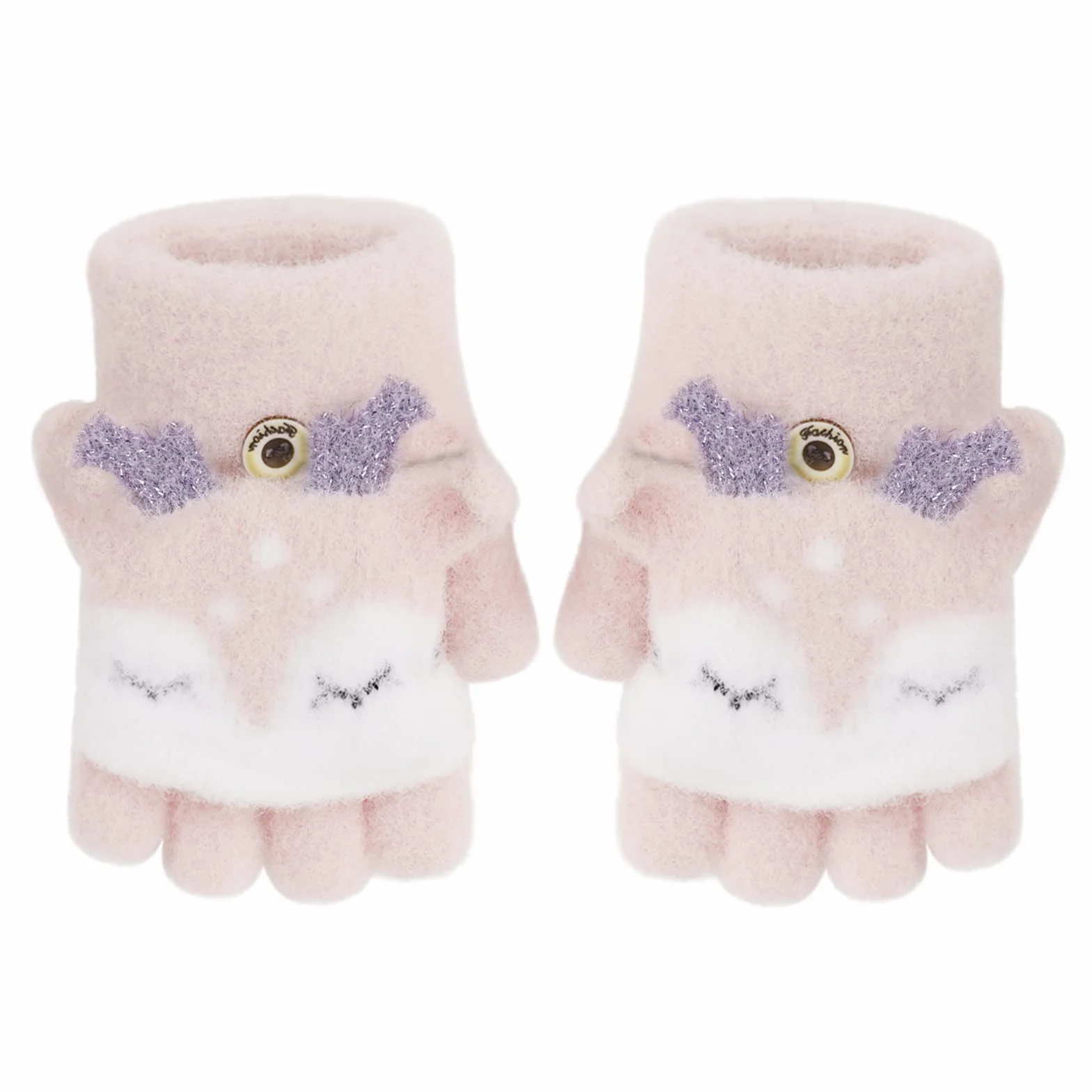 Gants en Tricot d'Hiver pour Fille et Garçon 3-6 Ans Mitaines Motif Renard Mignon Demi Doigts à Rabat Chaud