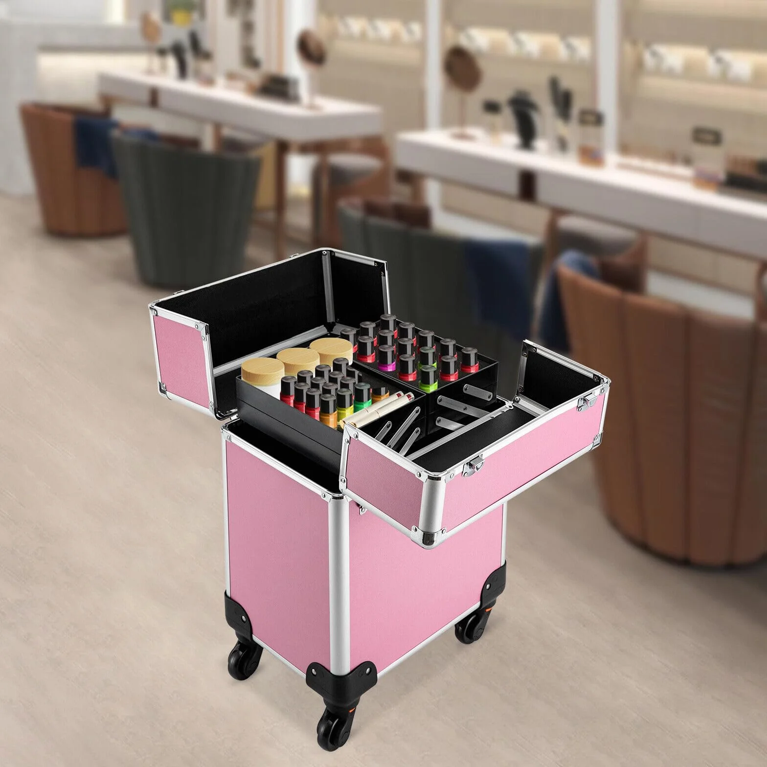 Valise cosmétique à roulettes en aluminium 4-en-1 verrouillable roues pivotantes 360° voyage