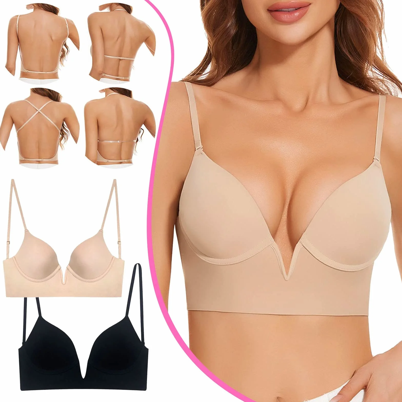 Soutien Gorge Dos Nu Invisible Push Up pour Femme Deep V sans Armature Transparent S-XL