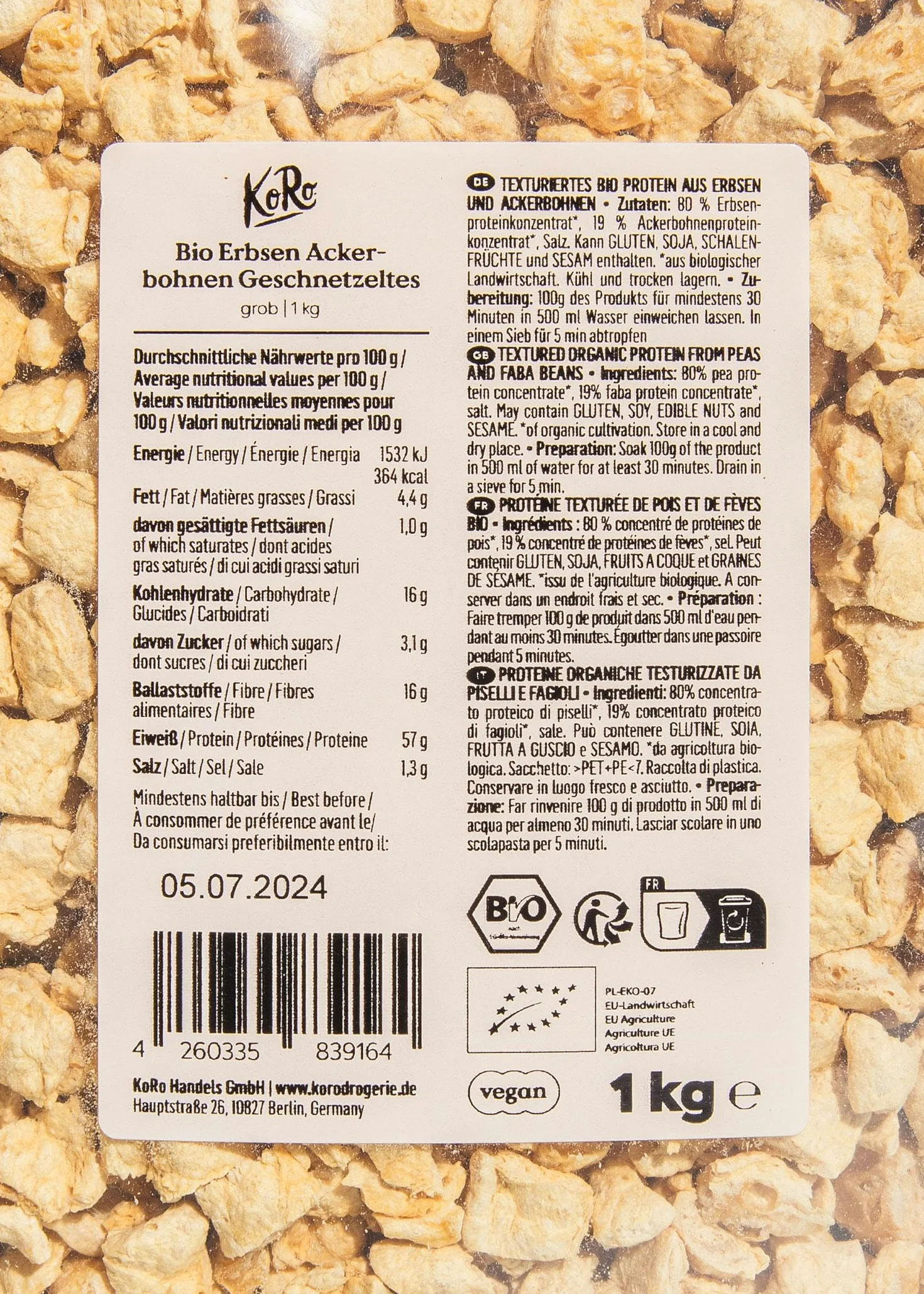 KoRo – Protéines de pois et de fèves gros morceaux 1kg – Alternative végétale sans soja – Texture fondante et riche en protéines – Idéal pour blanquettes et gyros