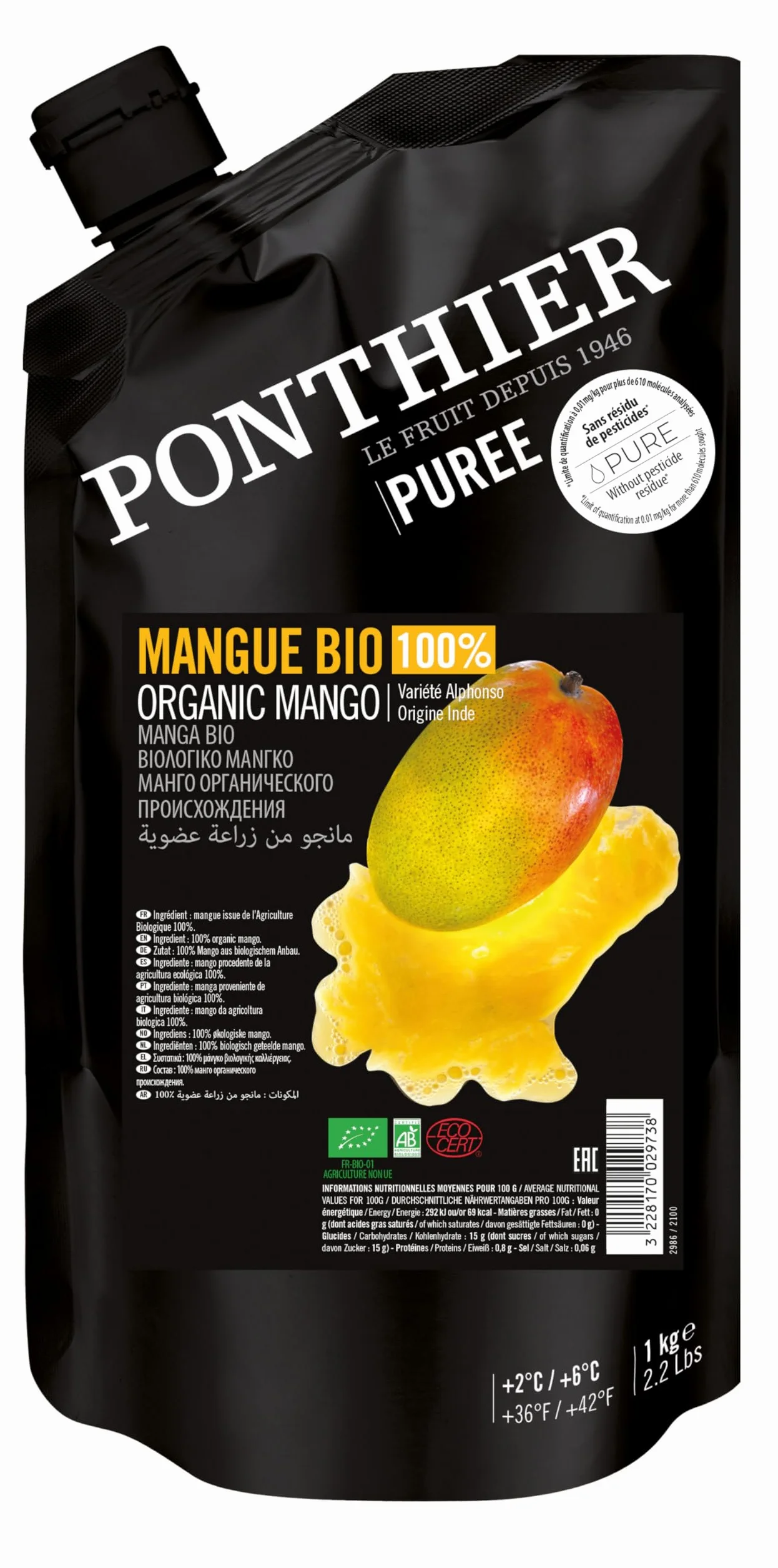 Hymor Ponthier Purée de fruits bio à base de mangue Alphonso indienne, sans colorant ni conservateur, 3 x 1 kg, pour bol à la mangue, smoothies à la mangue, glace, dessert, porridge
