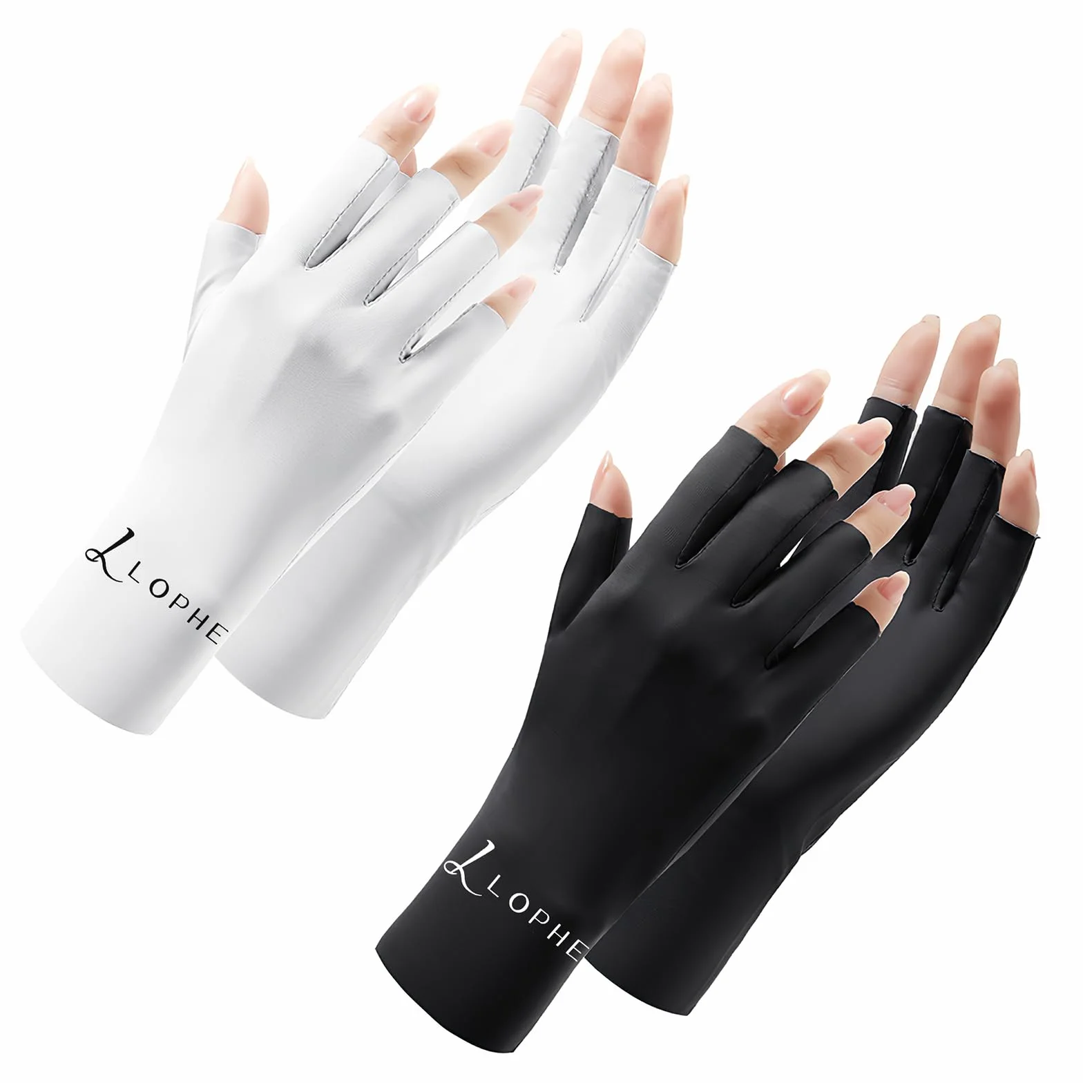LOPHE Gants Anti-UV sans Doigts Femme UPF50+ Protection Solaire Manucure Gel Blanc Noir