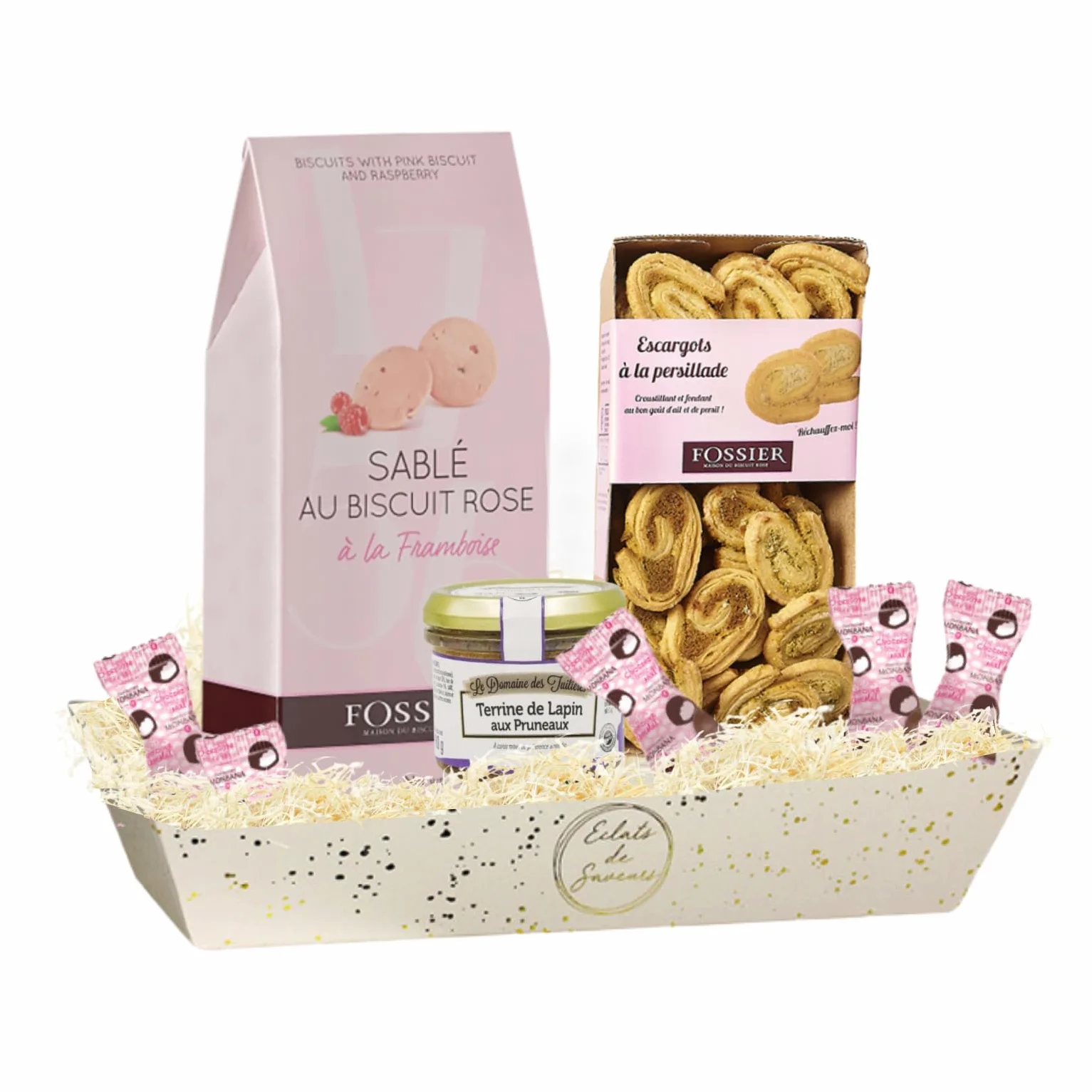 Corbeille FOSSIER-MONBANA : biscuits, guimauves, Terrine et Feuilletés | Terrine, feuilletés salés et biscuits roses de Reims Fossier - cadeau fête des Mères, fête des Pères, anniversaire, femme